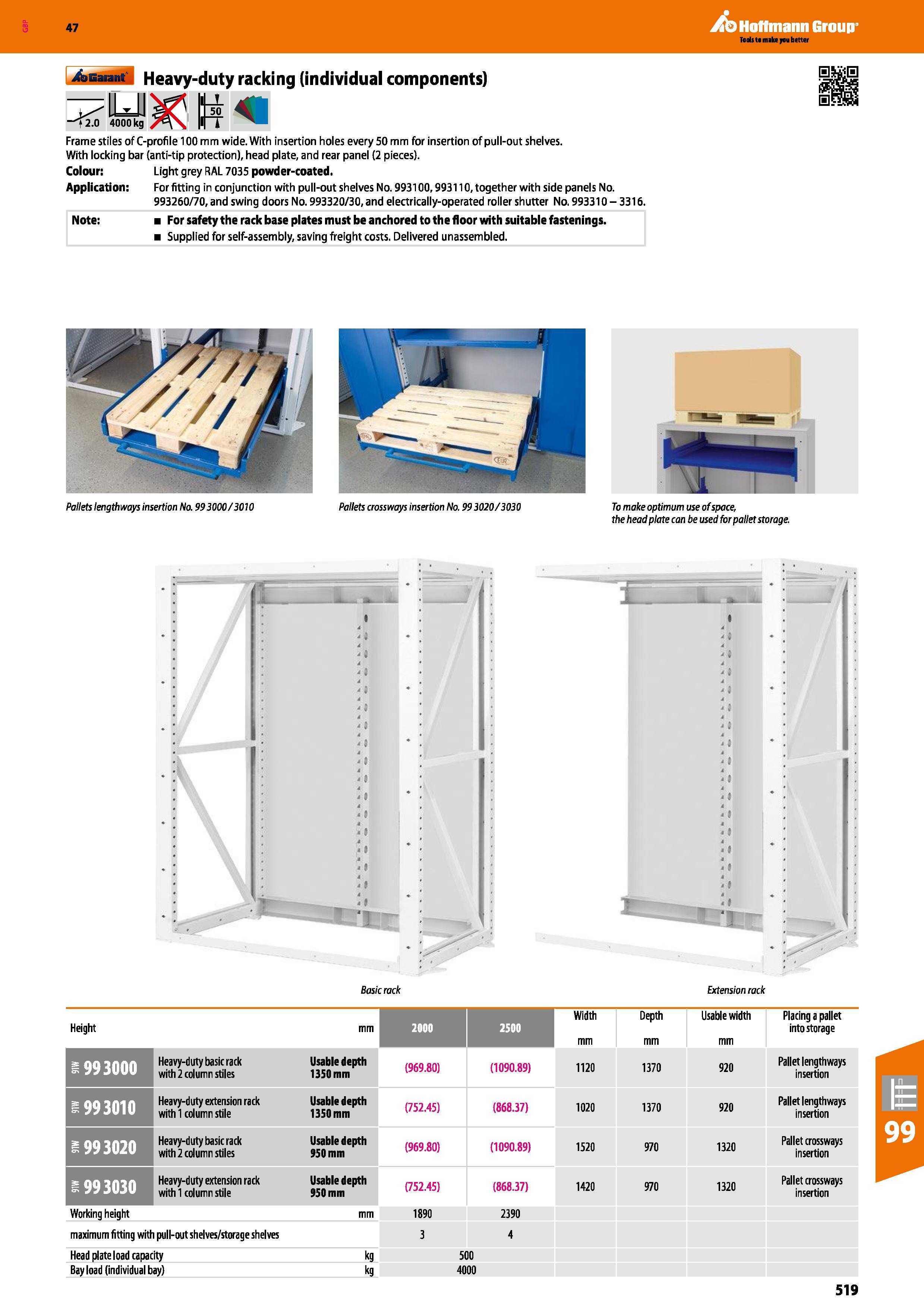 519 Hoffmann Group 47 Heavy-duty racking (individual components) 4000 kg / \ ITT 12 0 4000 kg Frame stiles of C-profile 100mm wide With insertion hol Каталог HOFFMANN GROUP 2016 Производственная мебель для работы хранения и транспортировки в условиях промышленных предприятий и сервисных мастерских Вер. 47 ENG Стр. 519