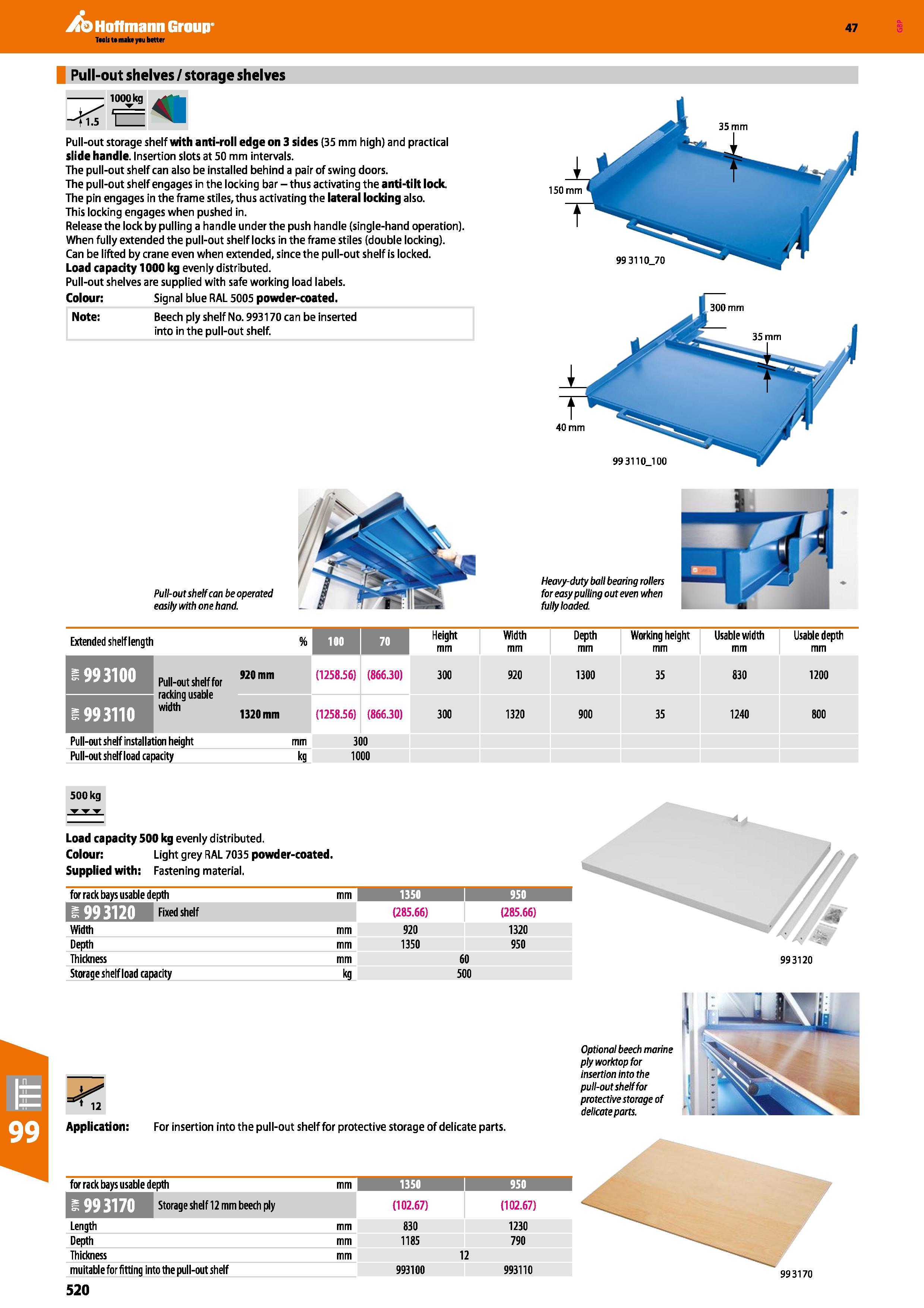 520 Hoffmann Group 47 Pull-out shelves / storage shelves 1000kg 4 1 Pull-out storage shelf with anti-roll edge on 3 sides (35 mm high) and practical Каталог HOFFMANN GROUP 2016 Производственная мебель для работы хранения и транспортировки в условиях промышленных предприятий и сервисных мастерских Вер. 47 ENG Стр. 520