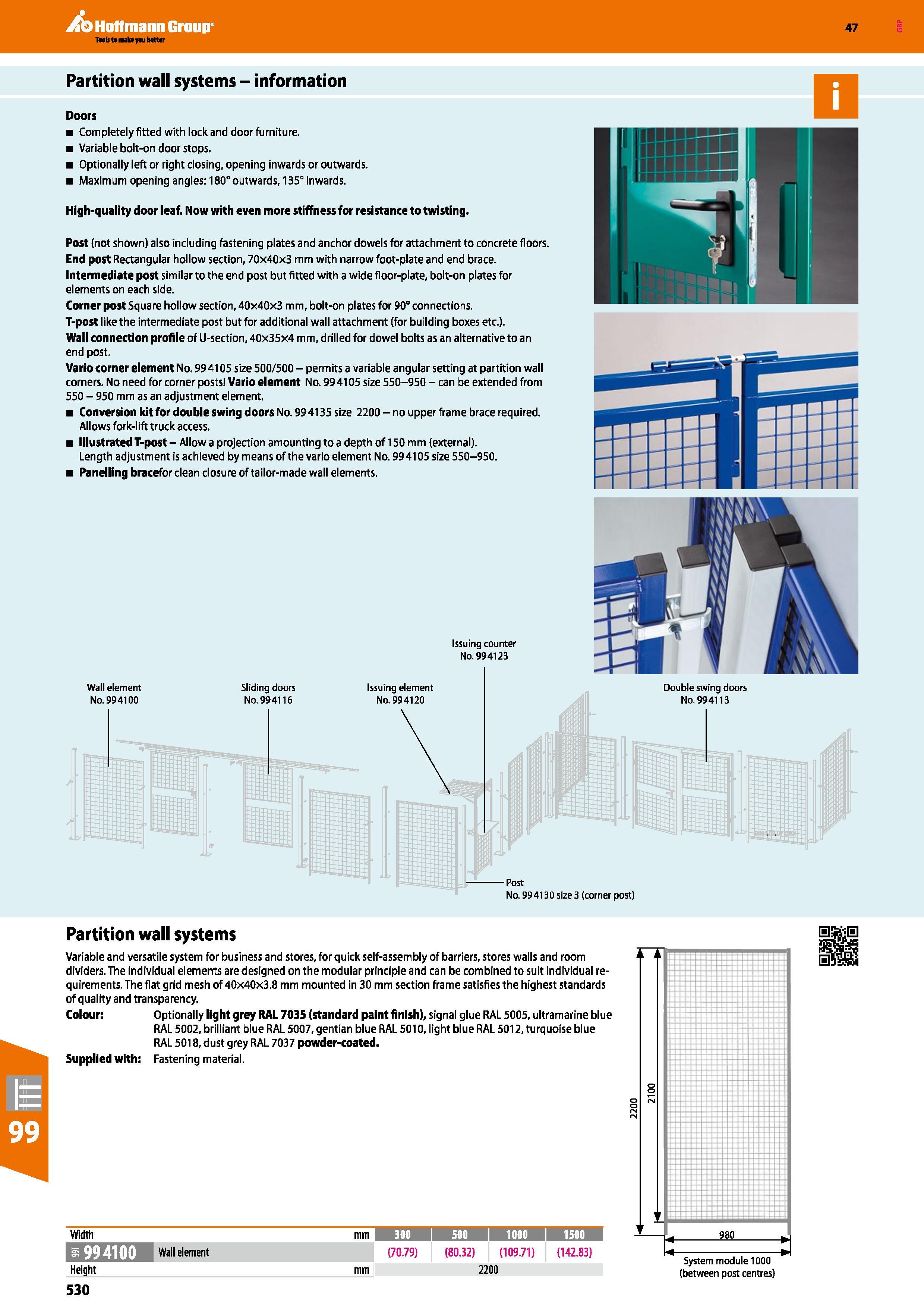 530 Hoffmann Group 47 Partition wall systems - information Doors Completely fitted with lock and door furniture Variable bolt-on door stops Optionall Каталог HOFFMANN GROUP 2016 Производственная мебель для работы хранения и транспортировки в условиях промышленных предприятий и сервисных мастерских Вер. 47 ENG Стр. 530