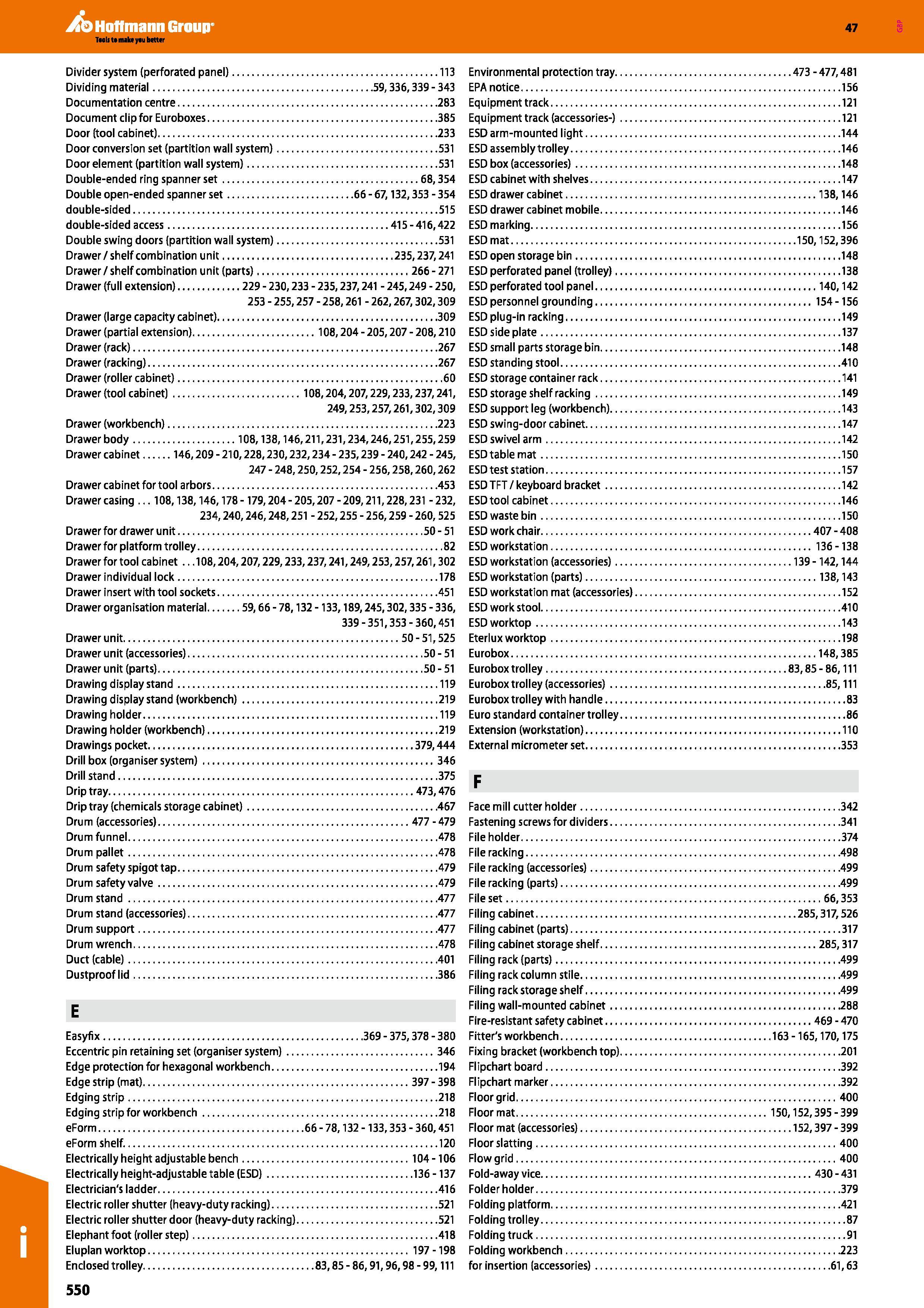 550 Hoffmann Group 47 Divider system (perforated panel) 113 Dividing material 59,336,339 - 343 Documentation centre 283 Document clip for Euroboxes 3 Каталог HOFFMANN GROUP 2016 Производственная мебель для работы хранения и транспортировки в условиях промышленных предприятий и сервисных мастерских Вер. 47 ENG Стр. 550