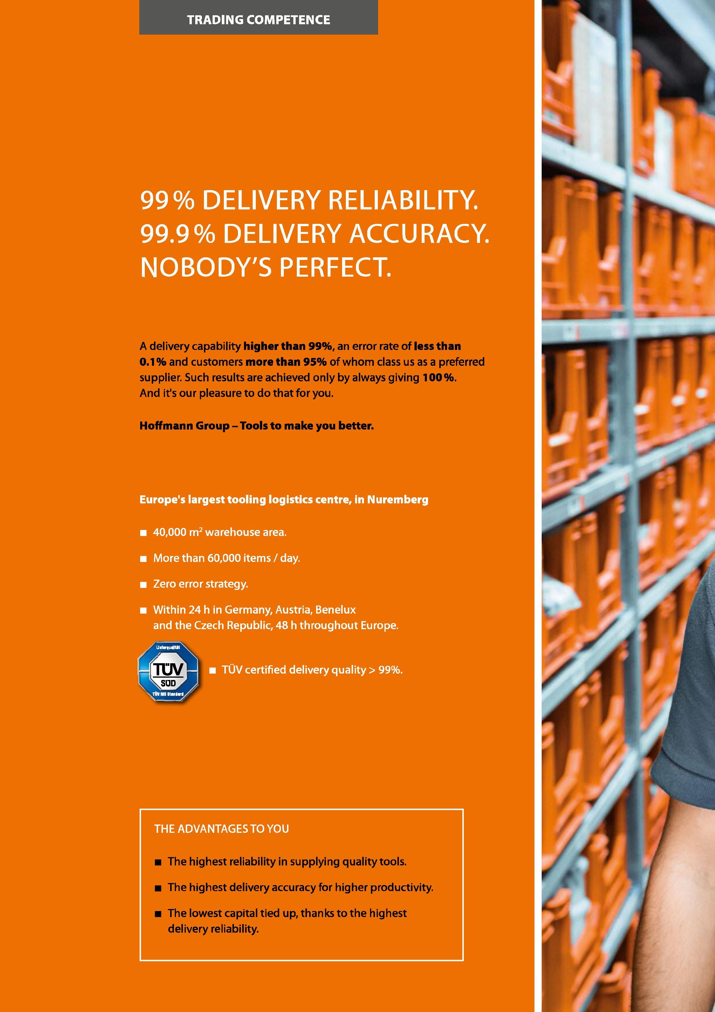 6 TRADING COMPETENCE 99% DELIVERY RELIABILITY 99 9% DELIVERY ACCURACY NOBODY'S PERFECT A delivery capability higher than 99%, an error rate of less Каталог HOFFMANN GROUP 2016 Ручной слесарно-монтажный и измерительный инструмент и оборудование от комплексного поставщика промышленных предприятий Вер. 47 Англ. Стр. 