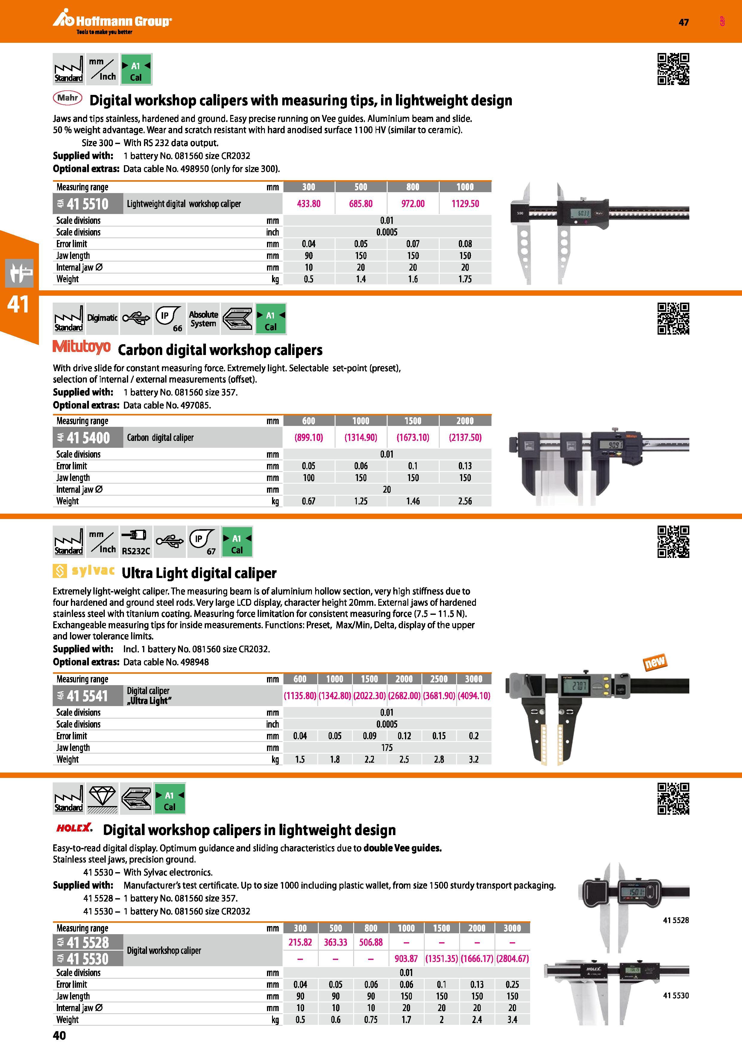 40 Hoffmann Group 47 mm /inch VK J Standatd <5 Digital workshop calipers with measuring tips, in lightweight design Jaws and tips stainless, hardene Каталог HOFFMANN GROUP 2016 Ручной слесарно-монтажный и измерительный инструмент и оборудование от комплексного поставщика промышленных предприятий Вер. 47 Англ. Стр. 40