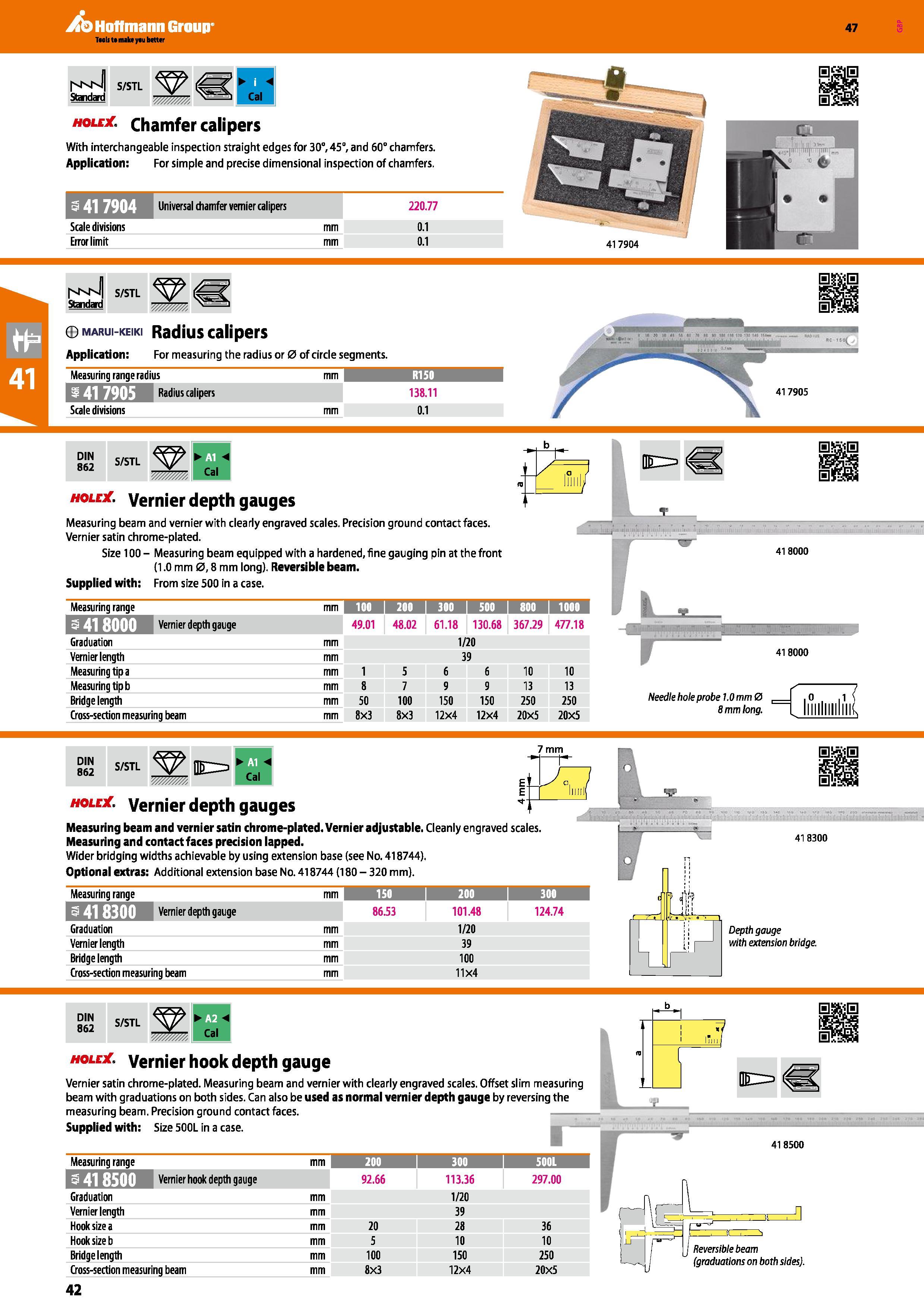 42 Hoffmann Group 47 Standard S/STL Cal hole Chamfer calipers With interchangeable inspection straight edges for 30°, 45°, and 60° chamfers Applicat Каталог HOFFMANN GROUP 2016 Ручной слесарно-монтажный и измерительный инструмент и оборудование от комплексного поставщика промышленных предприятий Вер. 47 Англ. Стр. 42