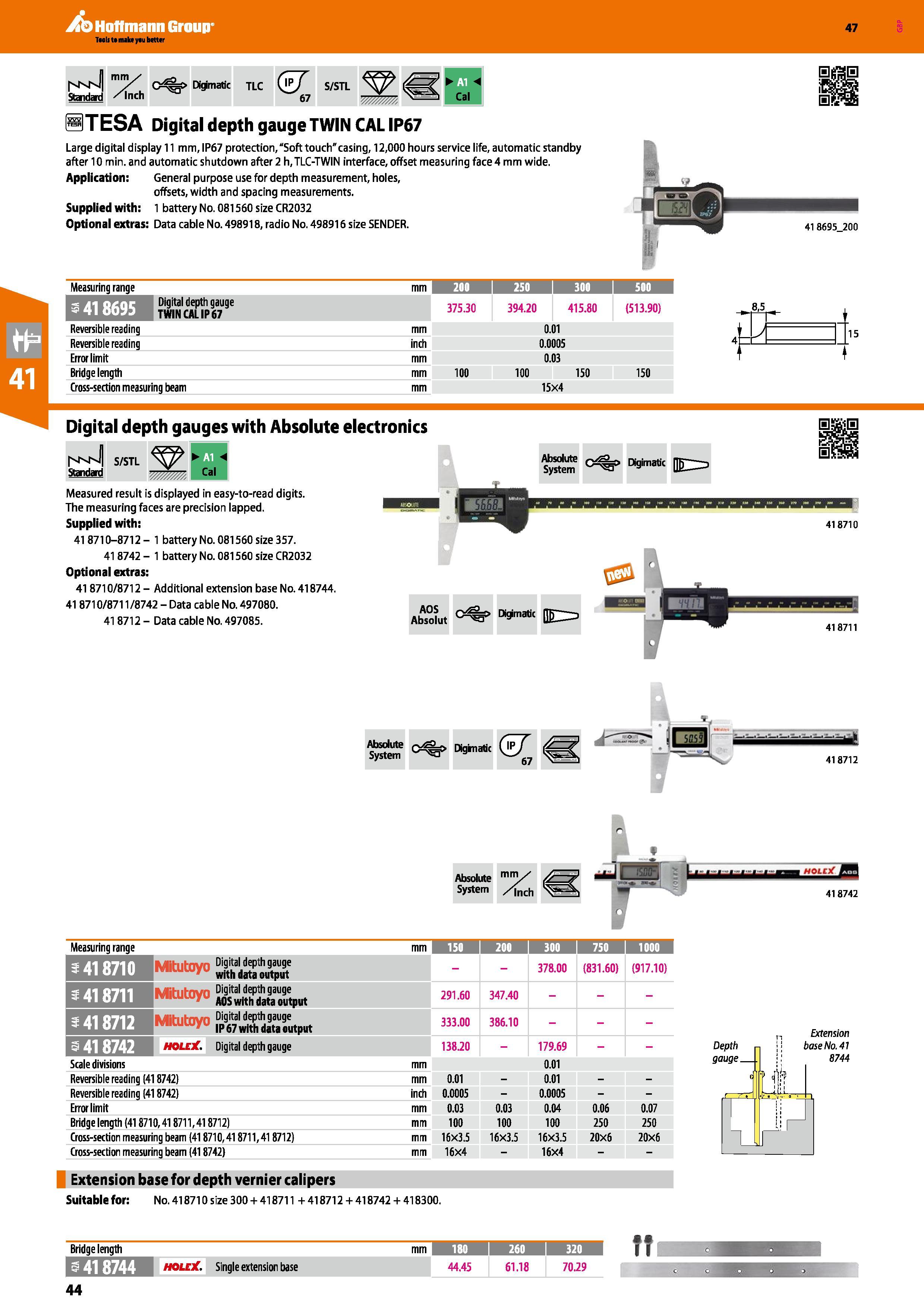 44 Hoffmann Group 47 hM'J C o Digimatic tlc Qvf S/STL Standard /Inch 67 STESA Digital depth gauge TWIN CAL IP67 Large digital display 11 mm, IP67 pr Каталог HOFFMANN GROUP 2016 Ручной слесарно-монтажный и измерительный инструмент и оборудование от комплексного поставщика промышленных предприятий Вер. 47 Англ. Стр. 44