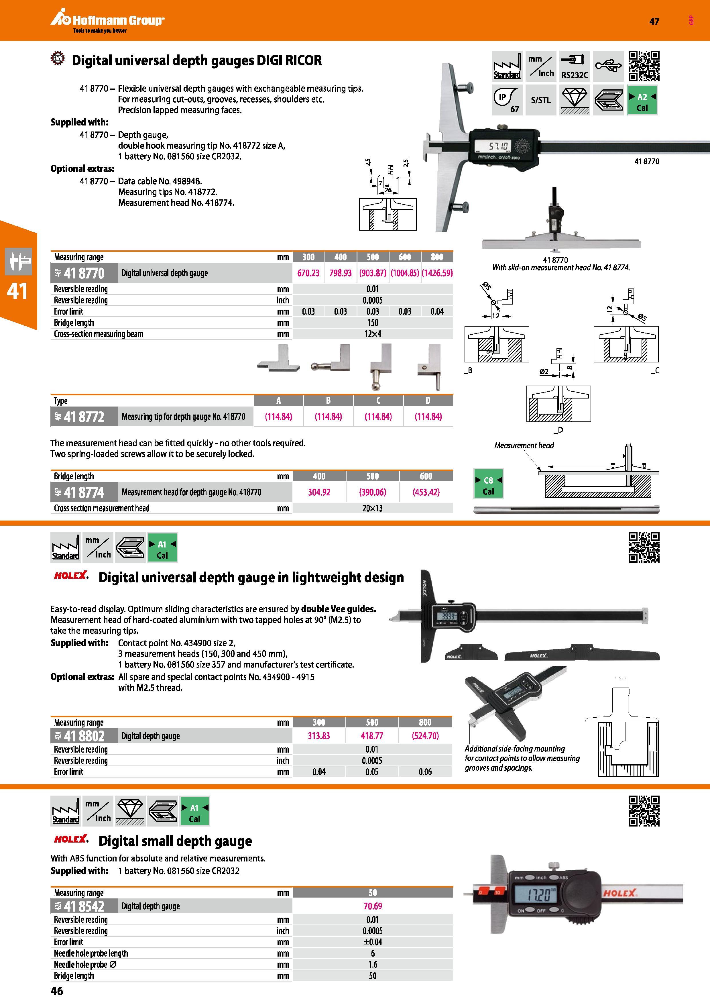46 Hoffmann Group 47 Digital universal depth gauges DIGIRICOR 418770 - Flexible universal depth gauges with exchangeable measuring tips For measurin Каталог HOFFMANN GROUP 2016 Ручной слесарно-монтажный и измерительный инструмент и оборудование от комплексного поставщика промышленных предприятий Вер. 47 Англ. Стр. 46