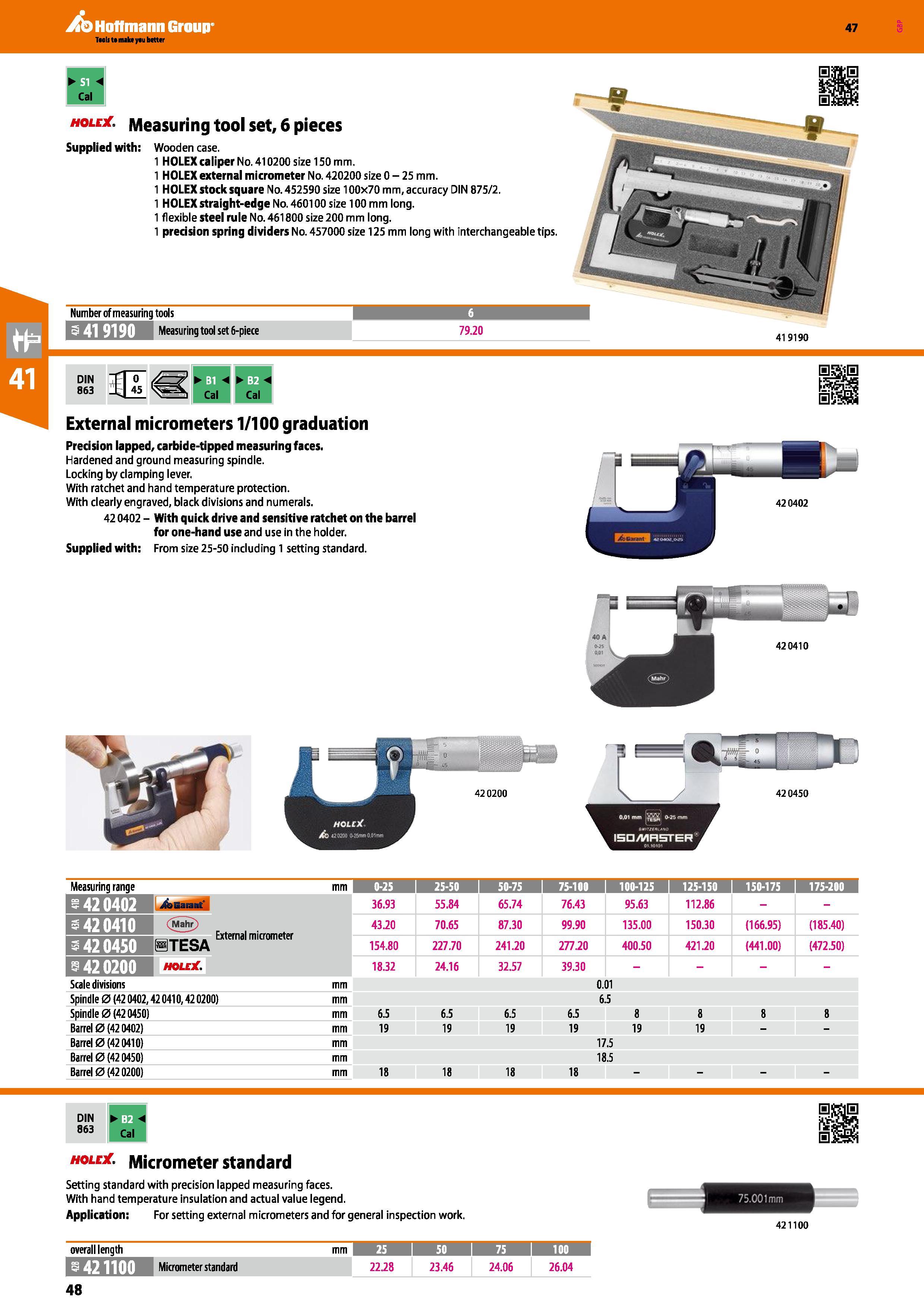 48 Hoffmann Group 47 1 1 Cal hole Measuring tool set, 6 pieces Supplied with: Wooden case 1 HOLEX caliper No 410200 size 150 mm 1 HOLEX external mic Каталог HOFFMANN GROUP 2016 Ручной слесарно-монтажный и измерительный инструмент и оборудование от комплексного поставщика промышленных предприятий Вер. 47 Англ. Стр. 48