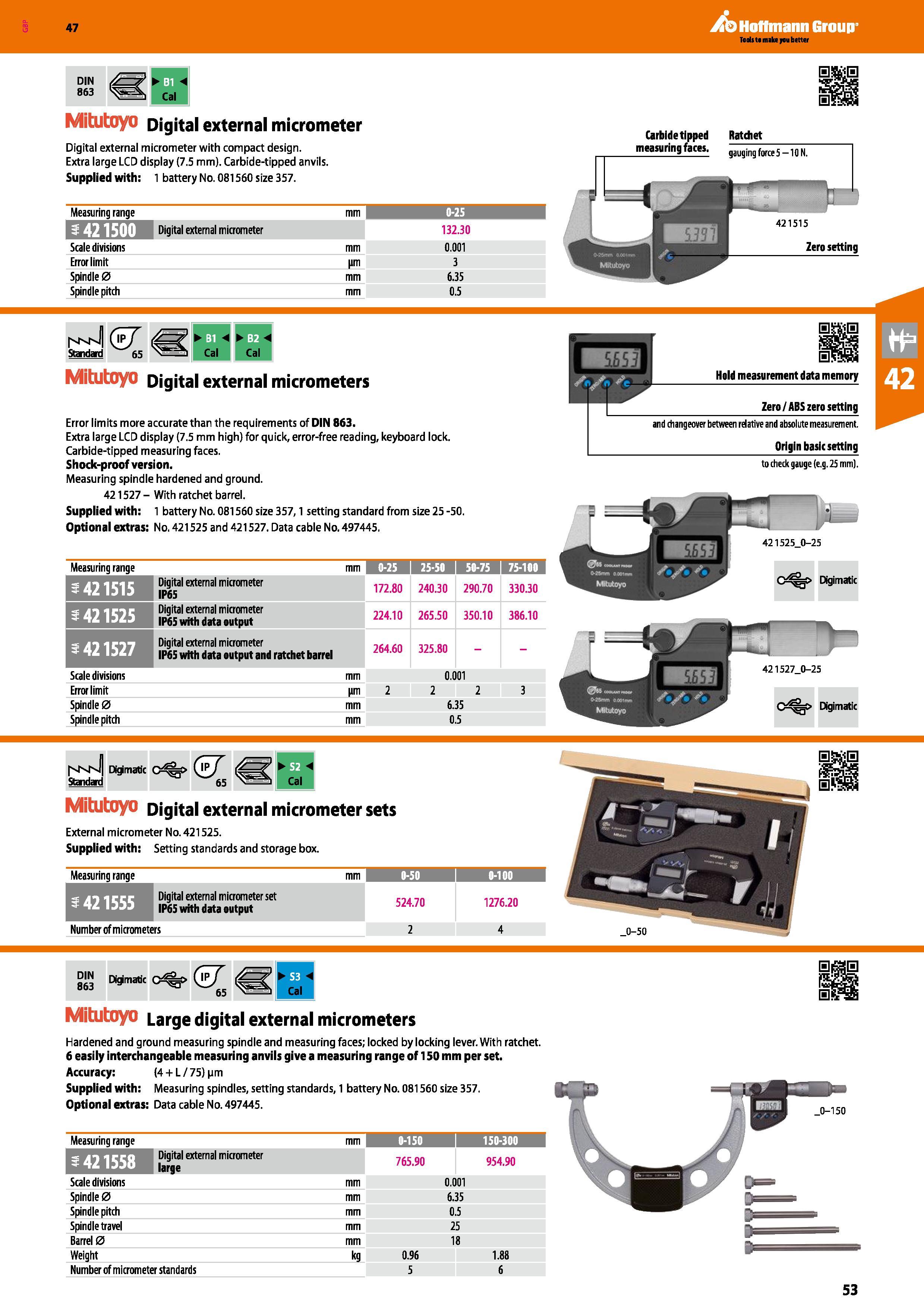 53 Hoffmann Group 47 DIN 863 Mitutoyo Digital external micrometer Digital external micrometer with compact design Extra large LCD display (7 5 mm) C Каталог HOFFMANN GROUP 2016 Ручной слесарно-монтажный и измерительный инструмент и оборудование от комплексного поставщика промышленных предприятий Вер. 47 Англ. Стр. 53