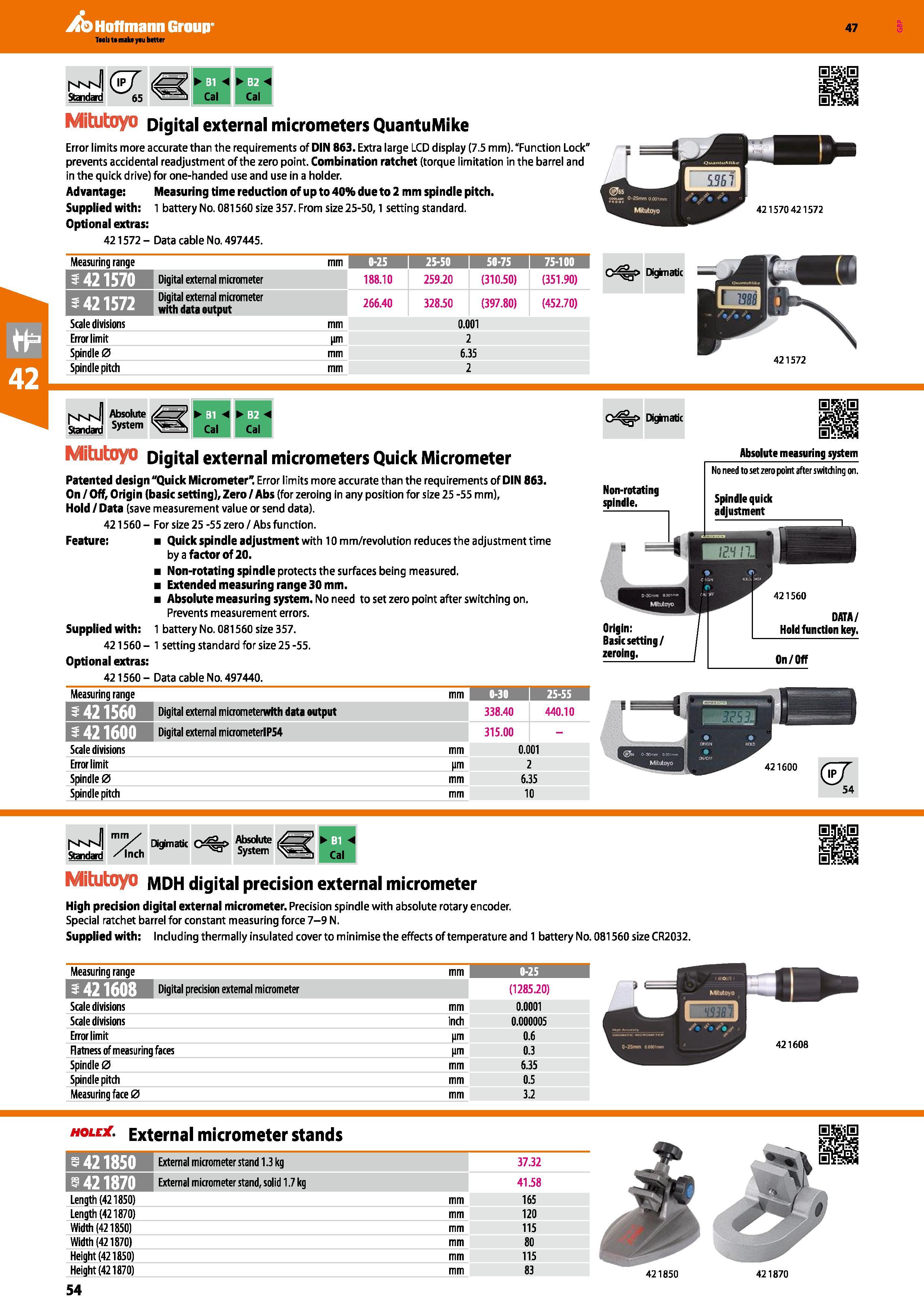 54 Hoffmann Group 47 B1 Cal Cal MMs (wj Standatd 65 Mitutoyo Digital external micrometers QuantuMike Error limits more accurate than the requirement Каталог HOFFMANN GROUP 2016 Ручной слесарно-монтажный и измерительный инструмент и оборудование от комплексного поставщика промышленных предприятий Вер. 47 Англ. Стр. 54