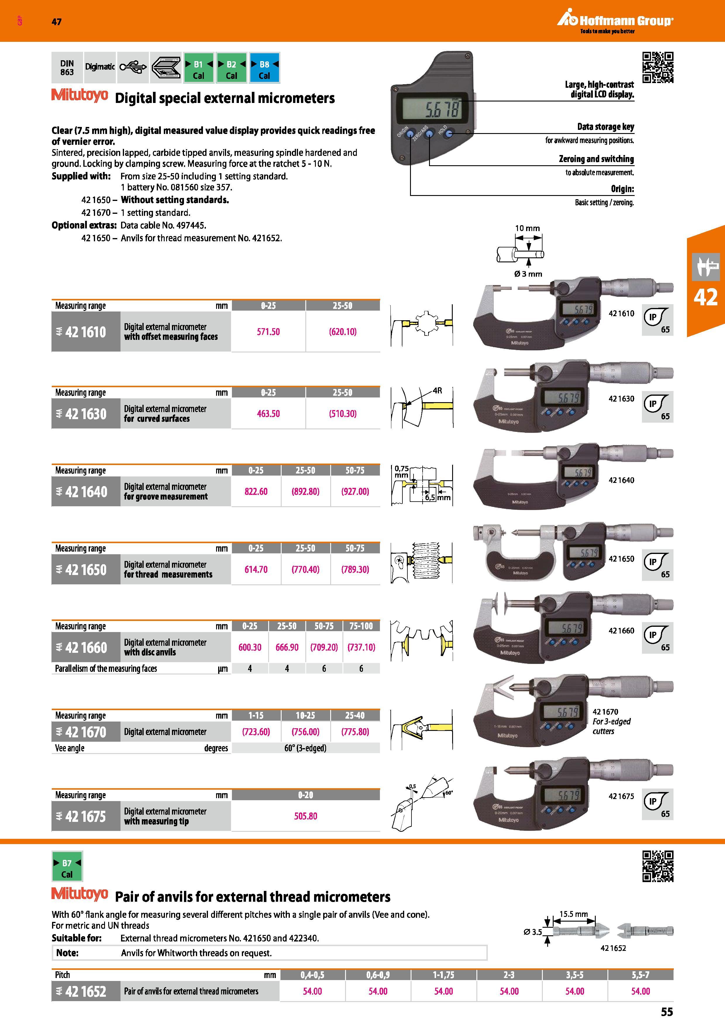 55 Hoffmann Group 47 Mitutoyo Digital special external micrometers Clear (7 5 mm high), digital measured value display provides quick readings free Каталог HOFFMANN GROUP 2016 Ручной слесарно-монтажный и измерительный инструмент и оборудование от комплексного поставщика промышленных предприятий Вер. 47 Англ. Стр. 55