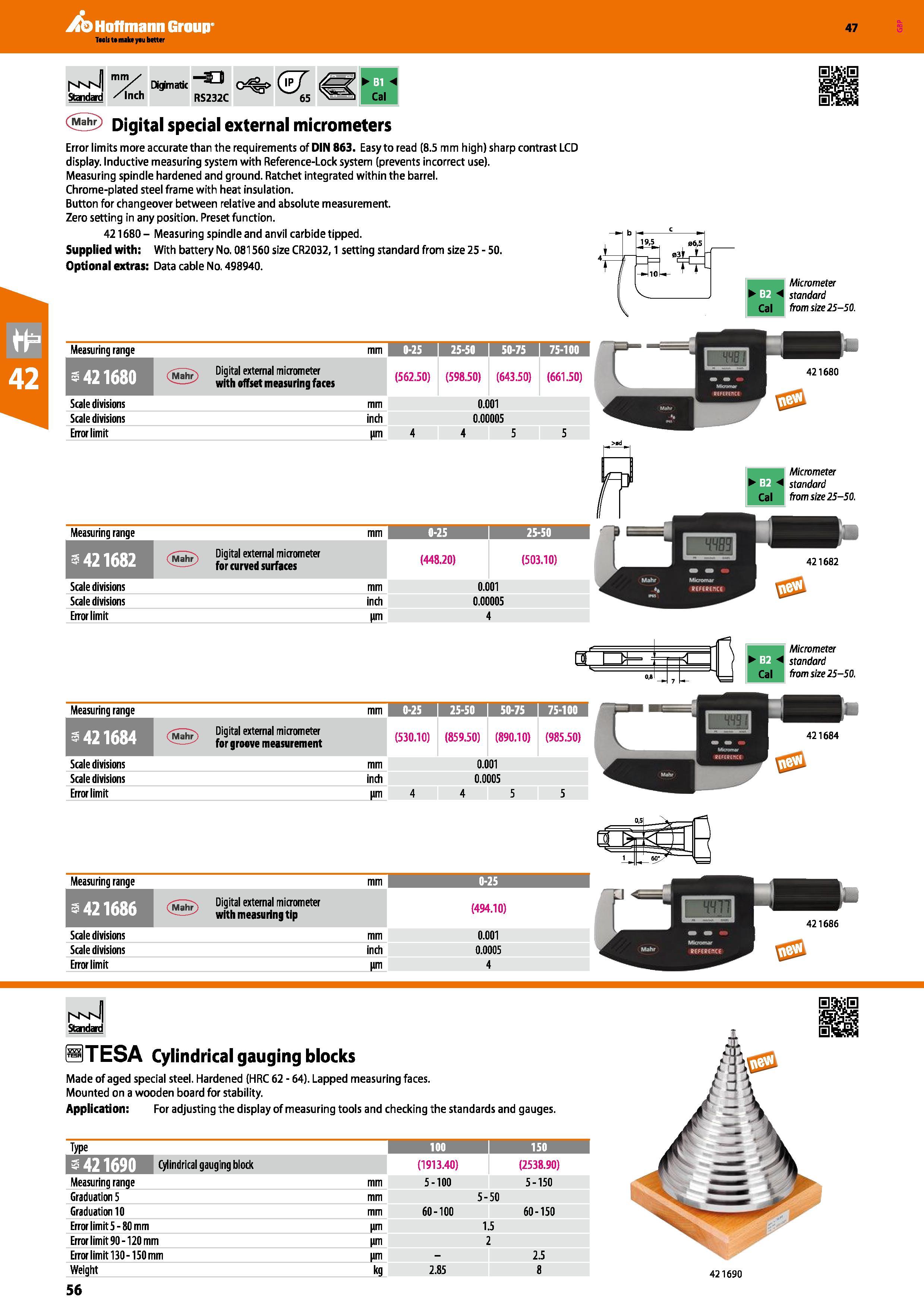 56 Hoffmann Group 47 I'vM'J mV Digimatic O o Q f Standard /inch RS232C 65 Cal <5 Digital special external micrometers Error limits more accurate tha Каталог HOFFMANN GROUP 2016 Ручной слесарно-монтажный и измерительный инструмент и оборудование от комплексного поставщика промышленных предприятий Вер. 47 Англ. Стр. 56