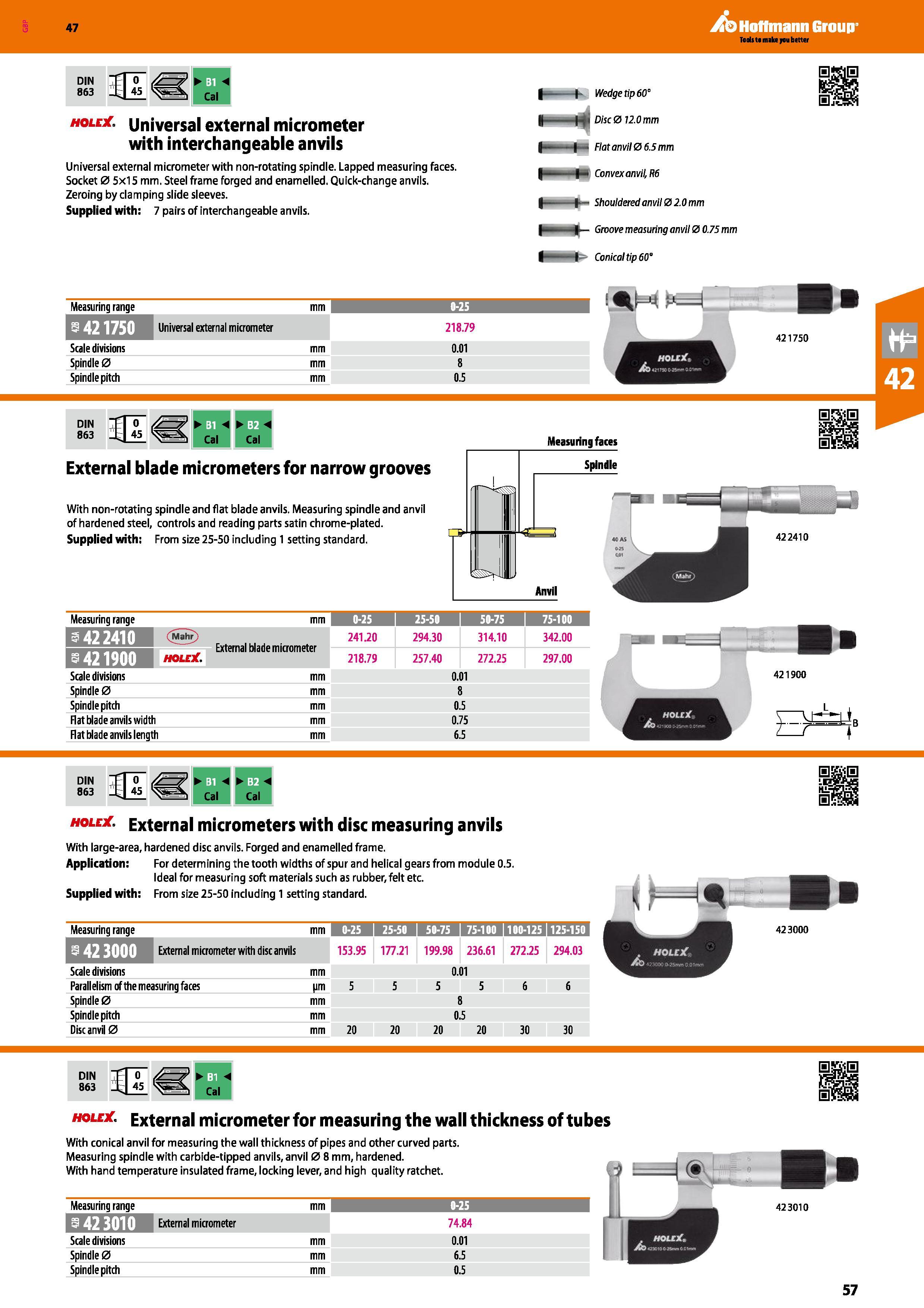 57 Hoffmann Group 47 DIN 863 holljC RU Cal Universal external micrometer with interchangeable anvils Universal external micrometer with non-rotating Каталог HOFFMANN GROUP 2016 Ручной слесарно-монтажный и измерительный инструмент и оборудование от комплексного поставщика промышленных предприятий Вер. 47 Англ. Стр. 57