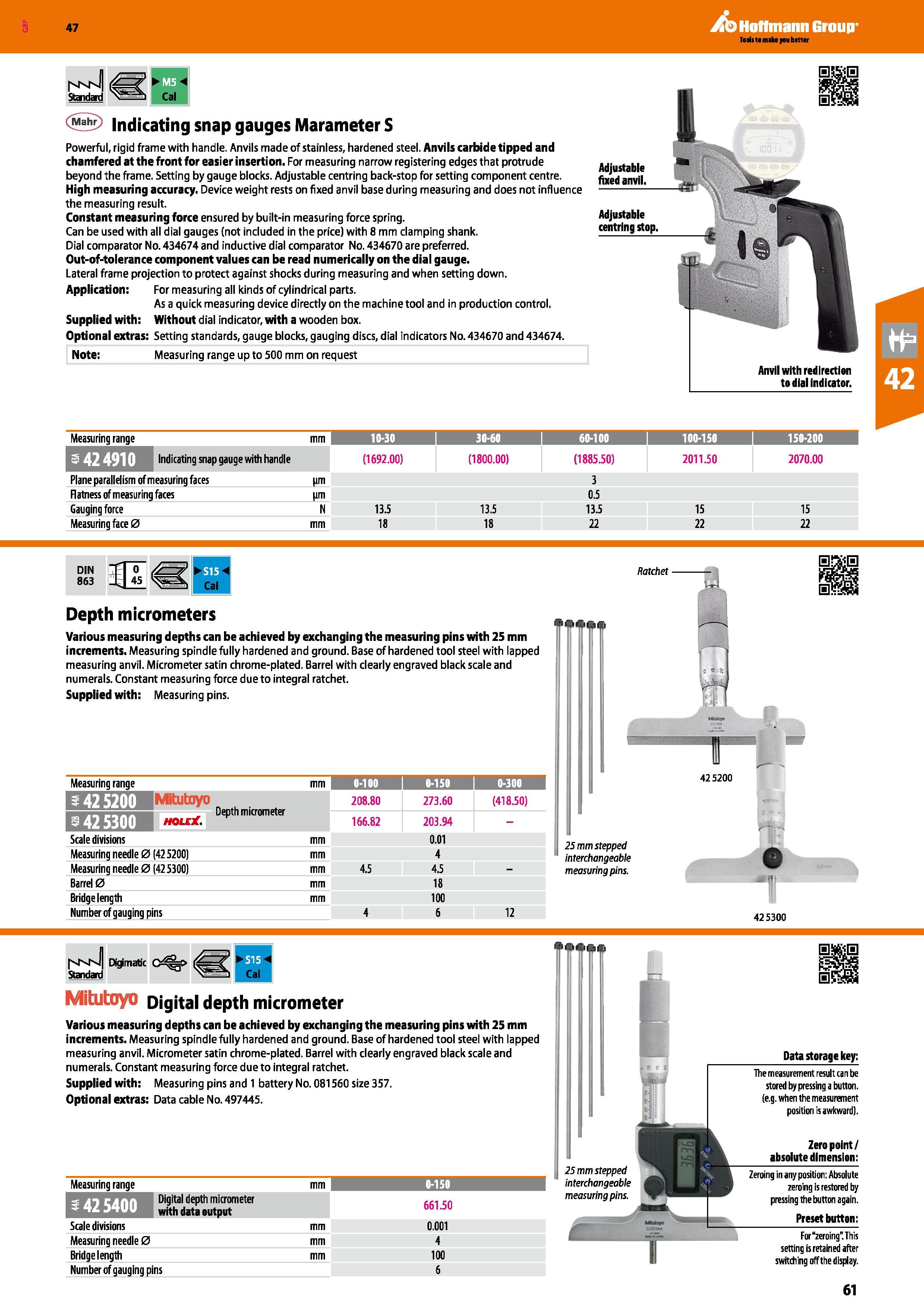 61 Hoffmann Group 47 Indicating snap gauges Marameter S Powerful, rigid frame with handle Anvils made of stainless, hardened steel Anvils carbide ti Каталог HOFFMANN GROUP 2016 Ручной слесарно-монтажный и измерительный инструмент и оборудование от комплексного поставщика промышленных предприятий Вер. 47 Англ. Стр. 61