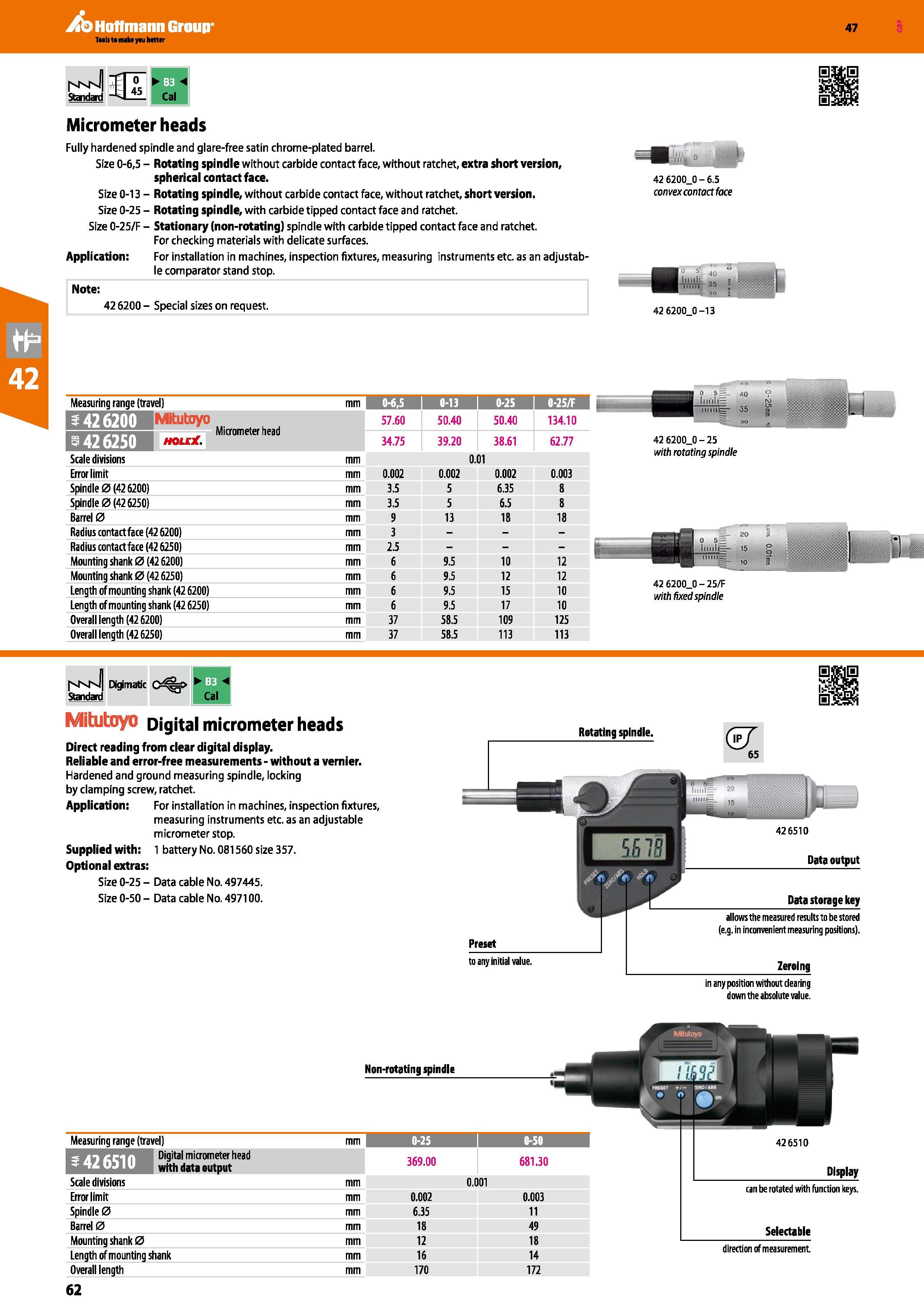 62 Hoffmann Group 47 Standard 81 Micrometer heads Fully hardened spindle and glare-free satin chrome-plated barrel Size 0-6,5 - Rotating spindle wit Каталог HOFFMANN GROUP 2016 Ручной слесарно-монтажный и измерительный инструмент и оборудование от комплексного поставщика промышленных предприятий Вер. 47 Англ. Стр. 62