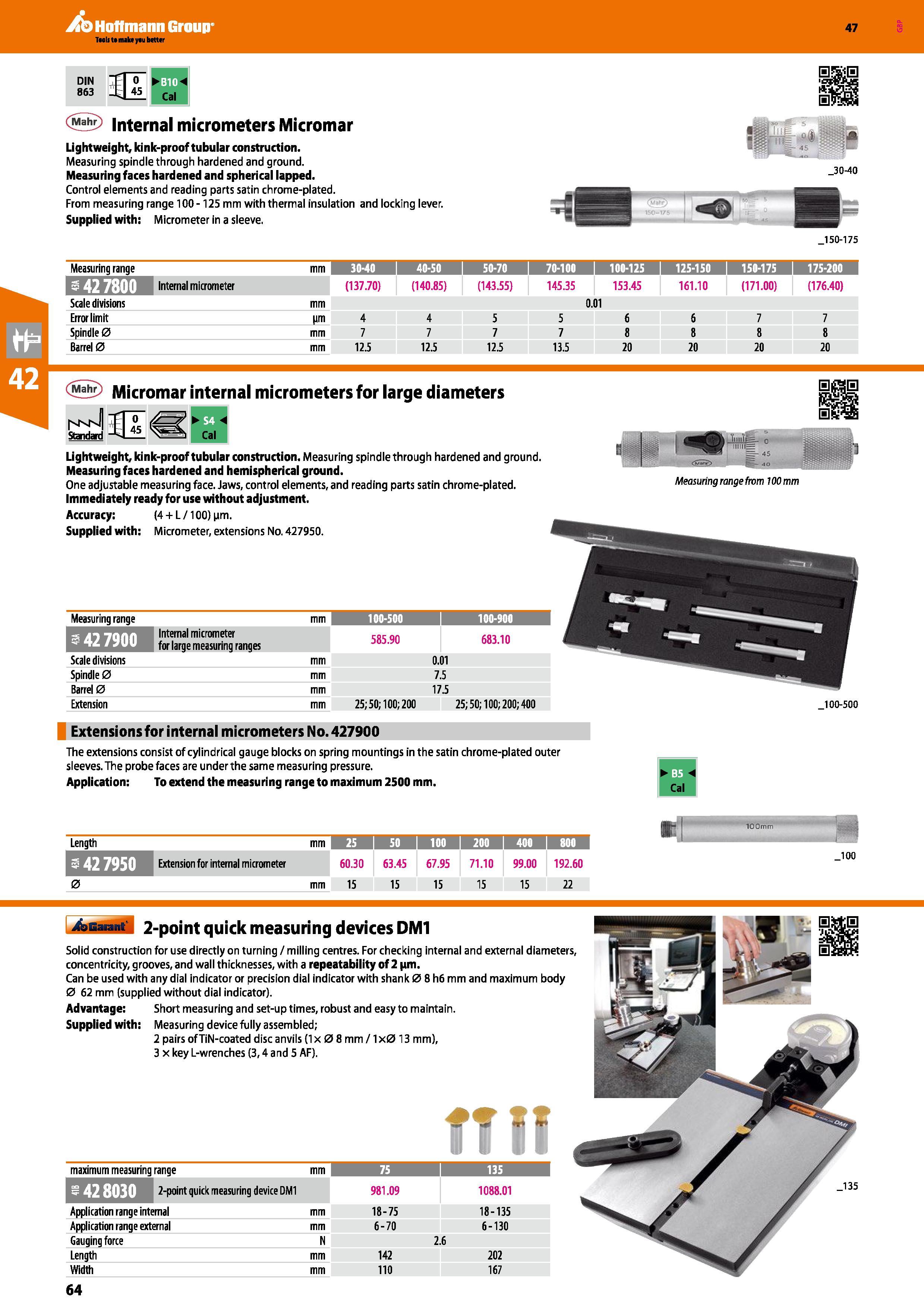 64 Hoffmann Group 47 DIN 863 <5 Internal micrometers Micromar Lightweight, kink-proof tubular construction Measuring spindle through hardened and gr Каталог HOFFMANN GROUP 2016 Ручной слесарно-монтажный и измерительный инструмент и оборудование от комплексного поставщика промышленных предприятий Вер. 47 Англ. Стр. 64