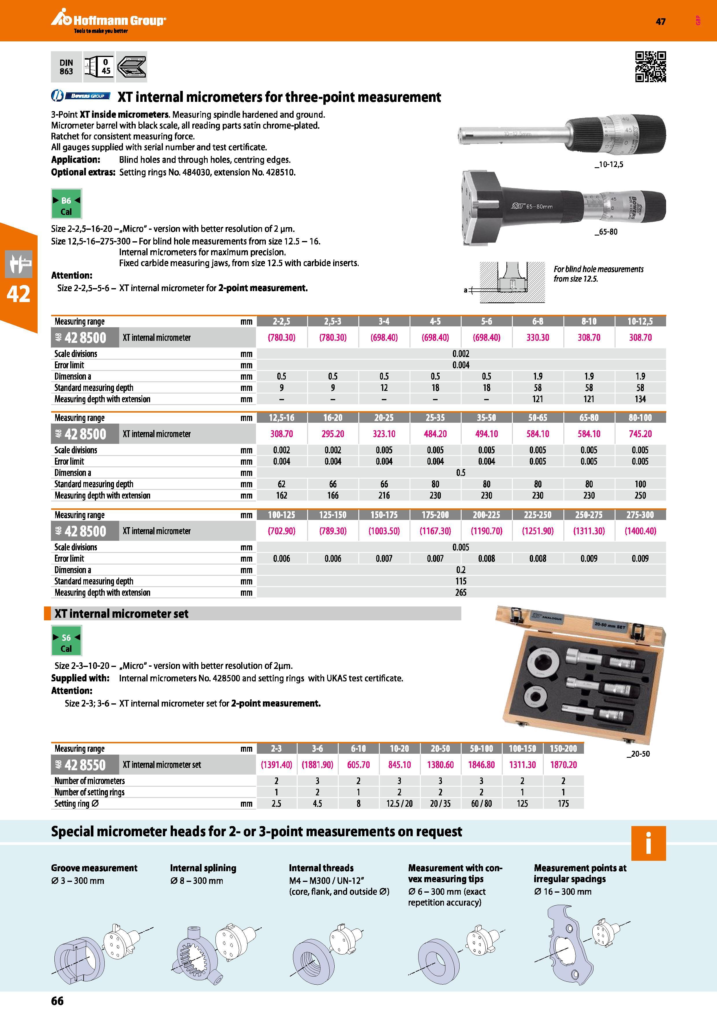66 Hoffmann Group 47 DIN 863 0i XT internal micrometers for three-point measurement 3-Point XT inside micrometers Measuring spindle hardened and gro Каталог HOFFMANN GROUP 2016 Ручной слесарно-монтажный и измерительный инструмент и оборудование от комплексного поставщика промышленных предприятий Вер. 47 Англ. Стр. 66