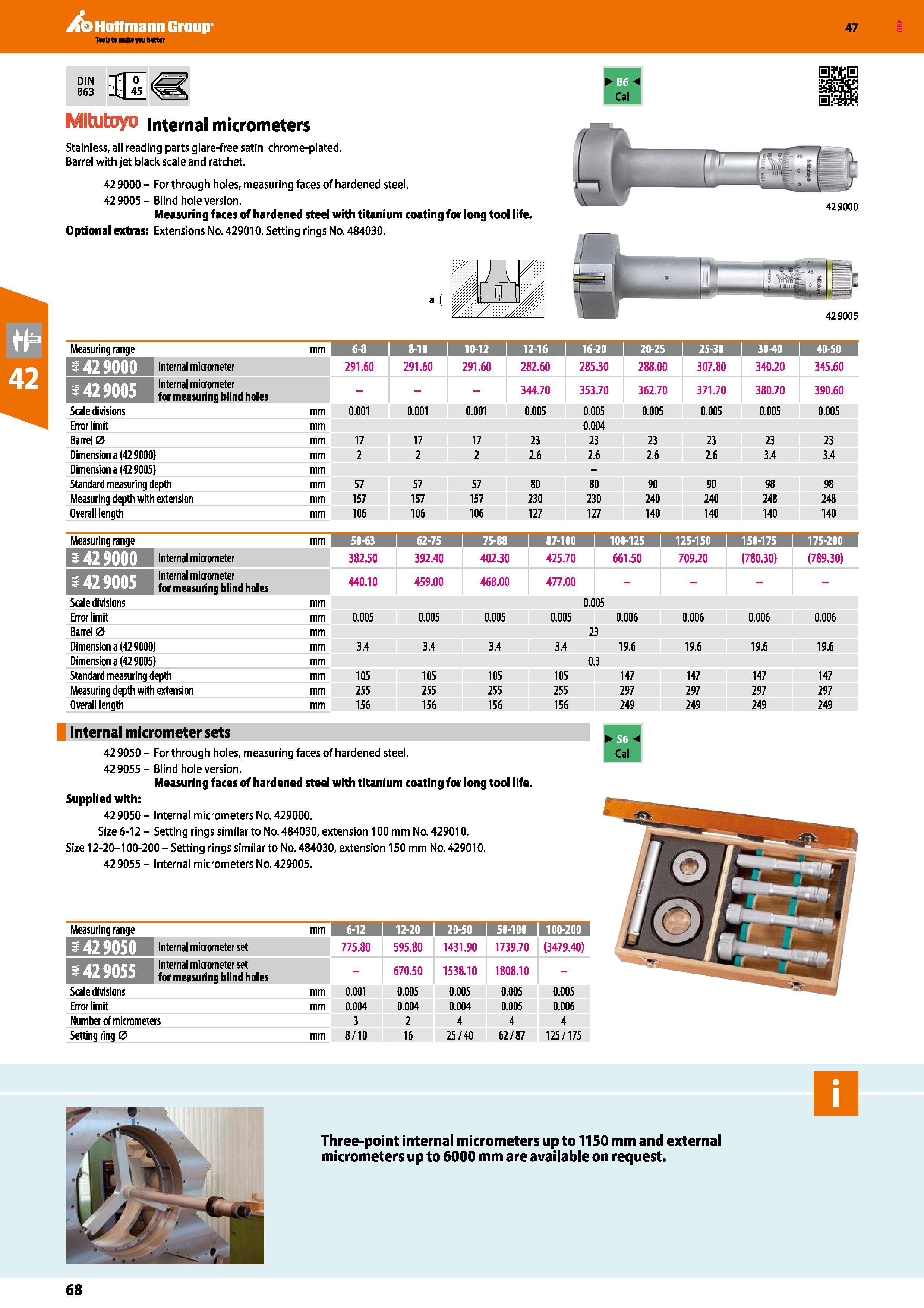68 Hoffmann Group 47 DIN 863 Mitutoyo internal micrometers Stainless, all reading parts glare-free satin chrome-plated Barrel with jet black scale a Каталог HOFFMANN GROUP 2016 Ручной слесарно-монтажный и измерительный инструмент и оборудование от комплексного поставщика промышленных предприятий Вер. 47 Англ. Стр. 68
