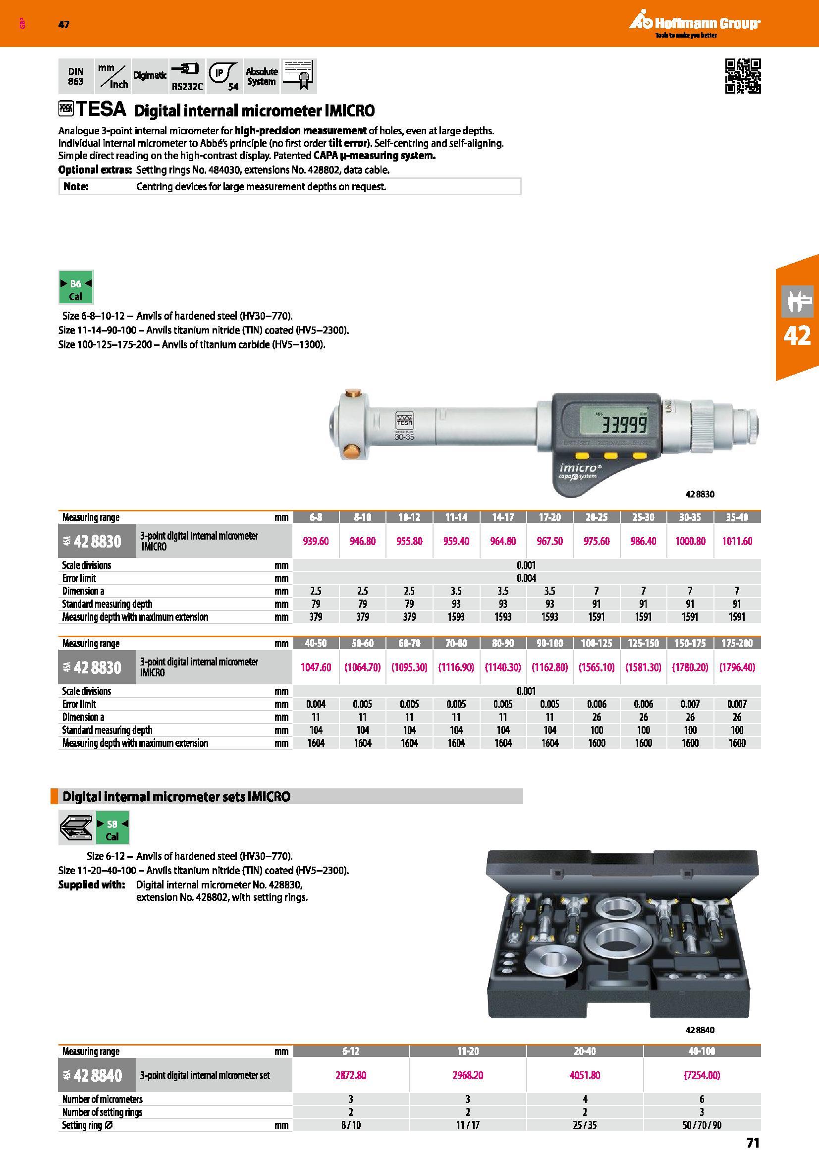 71 Ao Hoffmann Group 47 STESA Digital internal micrometer IMICRO Analogue 3-point internal micrometer for hlgh-predslon measurement of holes, even a Каталог HOFFMANN GROUP 2016 Ручной слесарно-монтажный и измерительный инструмент и оборудование от комплексного поставщика промышленных предприятий Вер. 47 Англ. Стр. 71