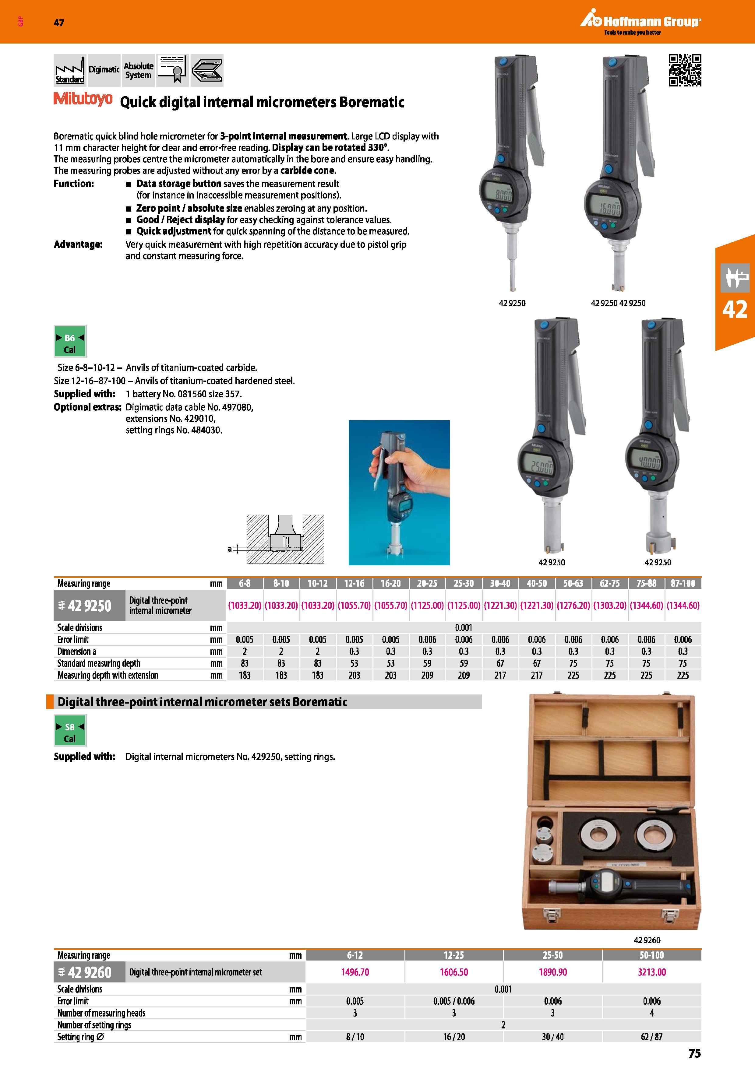 75 Hoffmann Group 47 NsN Digimatic Absolute teHtad SVStem Mitutoyo Quick digital internal micrometers Borematic Borematic quick blind hole micromete Каталог HOFFMANN GROUP 2016 Ручной слесарно-монтажный и измерительный инструмент и оборудование от комплексного поставщика промышленных предприятий Вер. 47 Англ. Стр. 75