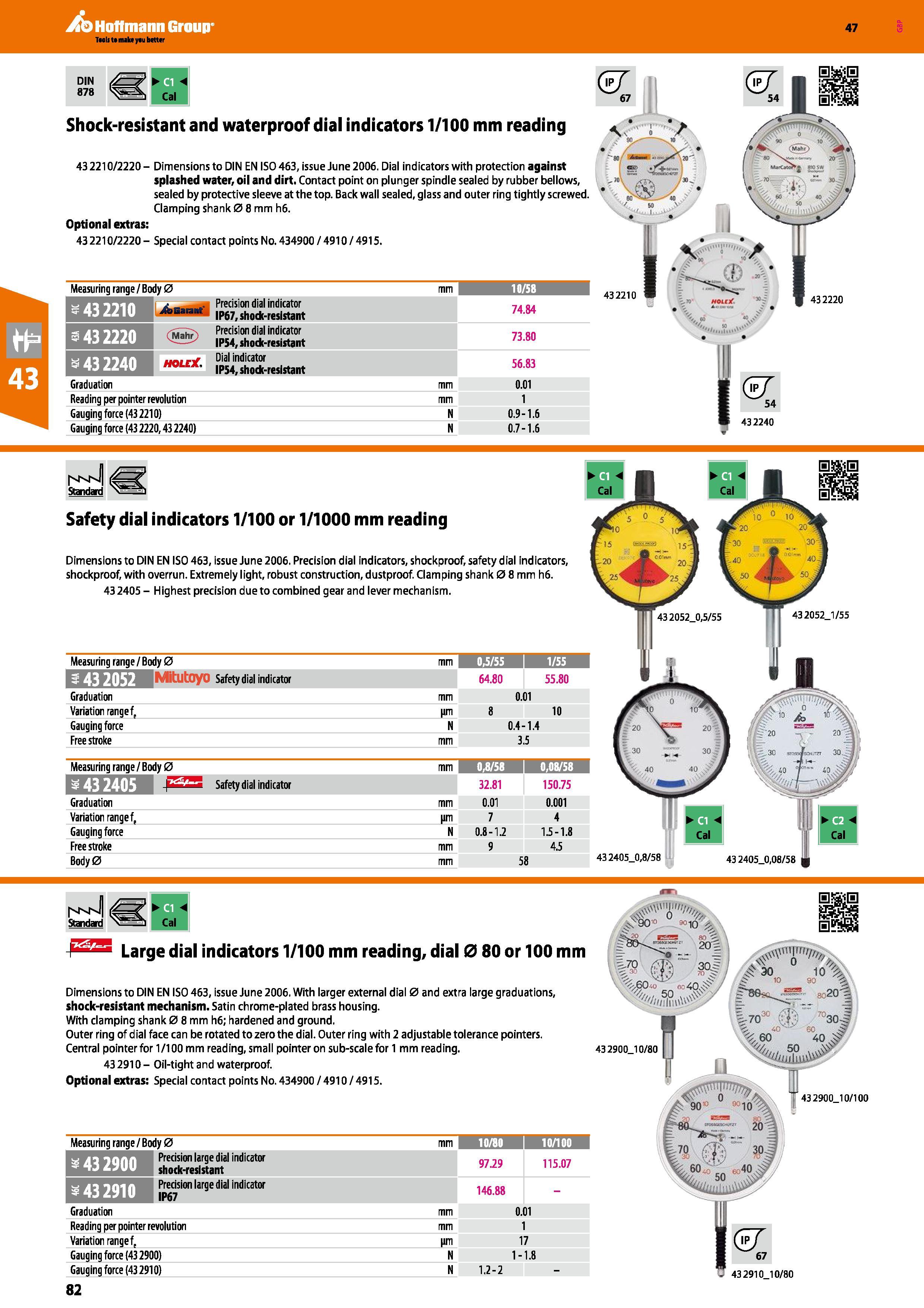 82 Hoffmann Group 47 DIN 878 Shock-resistant and waterproof dial indicators 1/100 mm reading 432210/2220- Dimensions to DIN EN ISO 463, issue June 2 Каталог HOFFMANN GROUP 2016 Ручной слесарно-монтажный и измерительный инструмент и оборудование от комплексного поставщика промышленных предприятий Вер. 47 Англ. Стр. 82
