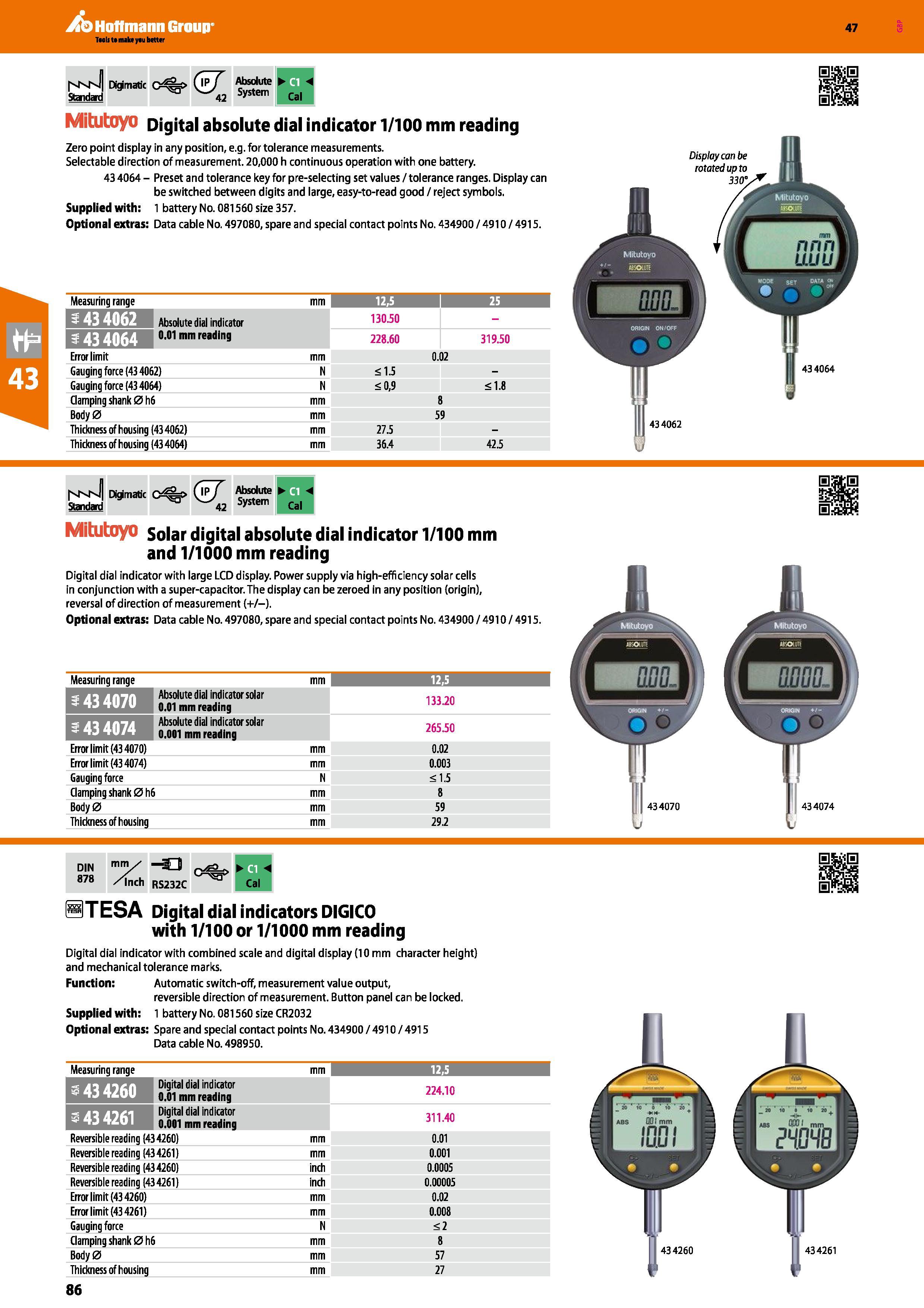 86 Hoffmann Group 47 Standard Digimatic c<%>& 42 Absolute System Cal Mitutoyo Digital absolute dial indicator 1/100 mm reading Zero point display in Каталог HOFFMANN GROUP 2016 Ручной слесарно-монтажный и измерительный инструмент и оборудование от комплексного поставщика промышленных предприятий Вер. 47 Англ. Стр. 86
