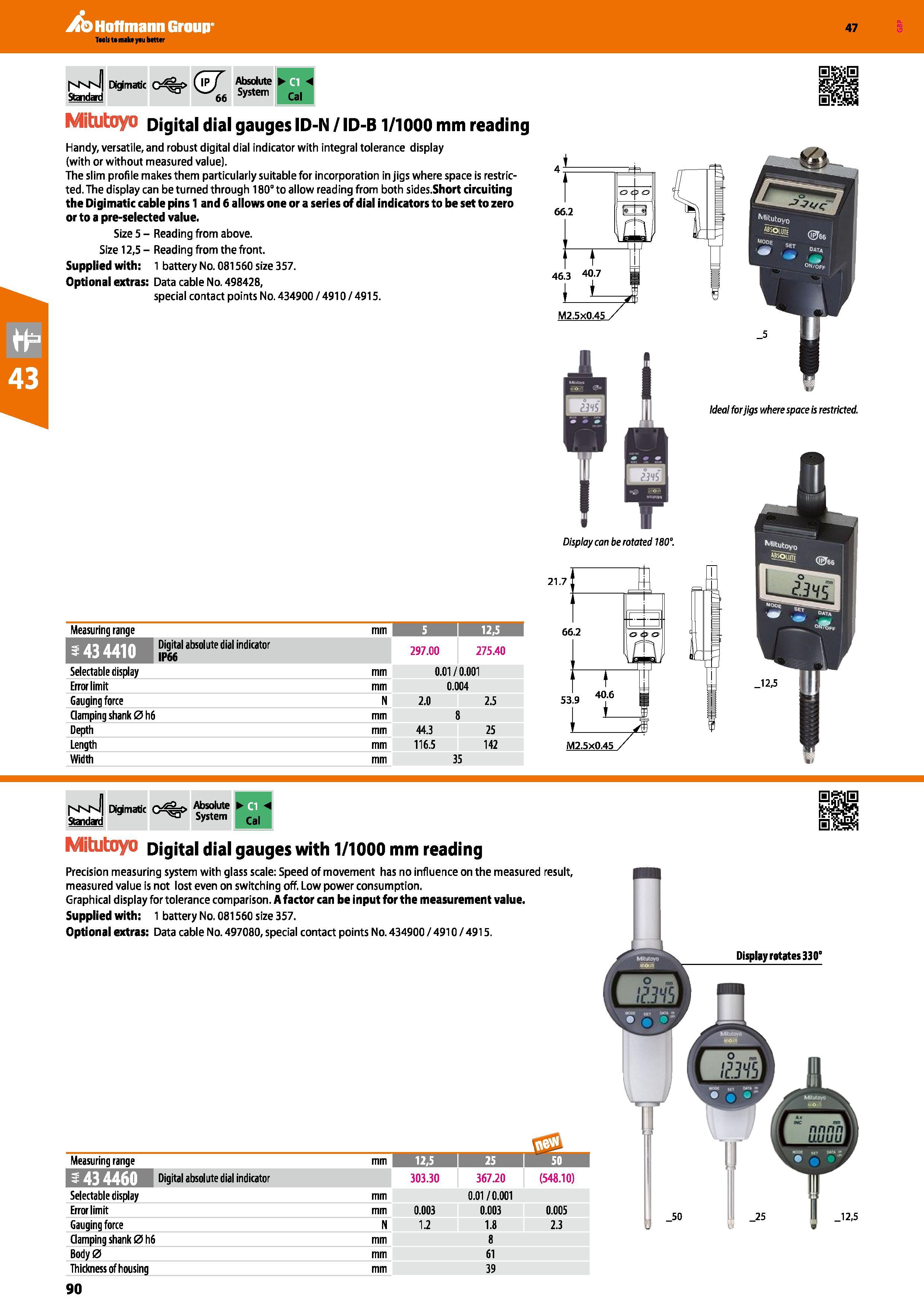 90 Hoffmann Group 47 Standard Digimatic c<%>& 66 Absolute System Cal Mitutoyo Digital dial gauges ID-N / ID-B1/1000 mm reading Handy, versatile, and Каталог HOFFMANN GROUP 2016 Ручной слесарно-монтажный и измерительный инструмент и оборудование от комплексного поставщика промышленных предприятий Вер. 47 Англ. Стр. 90