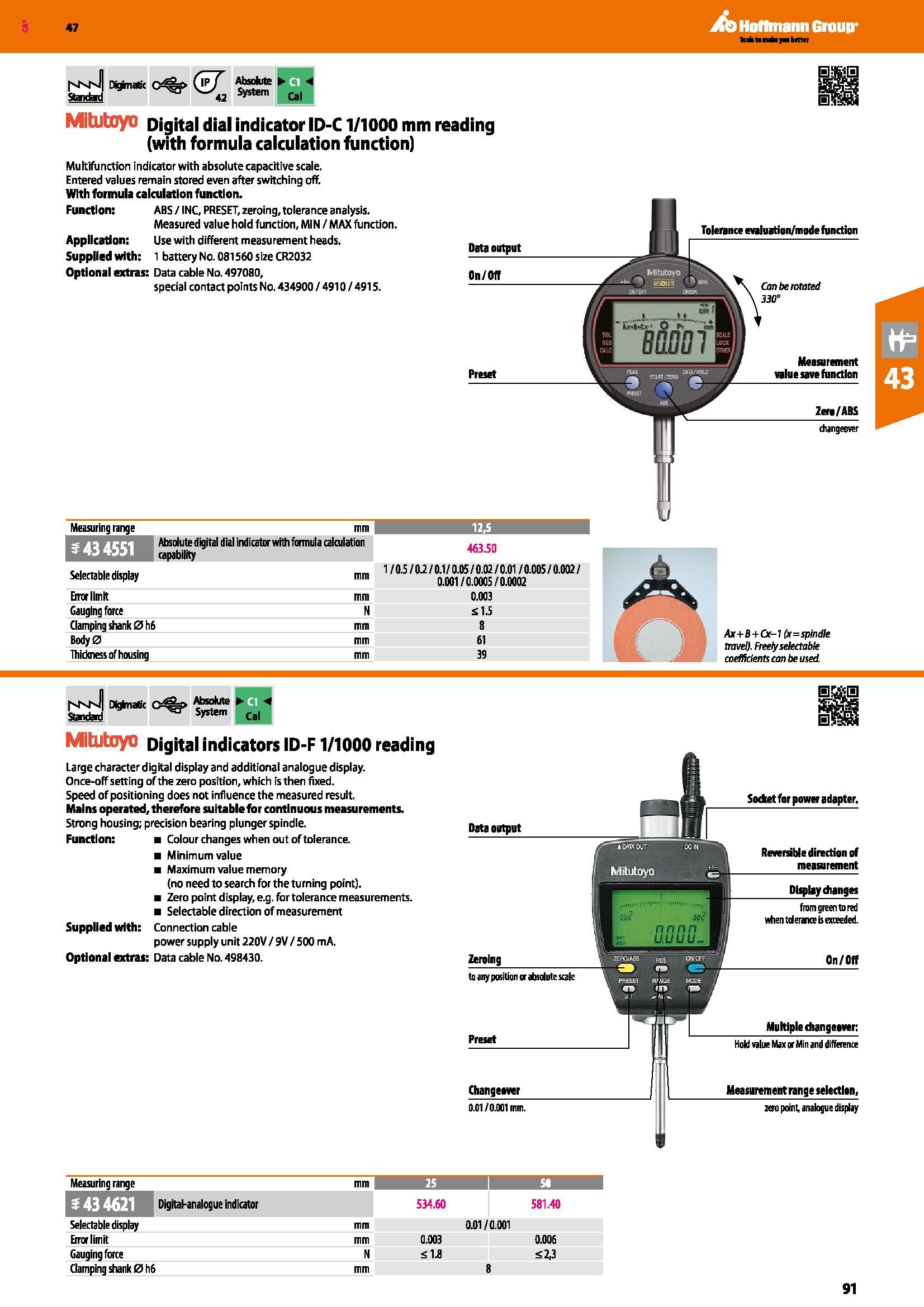 91 Digimatic Absolute System Cal Sfendad Mitutoyo Digital dial indicator ID-C1/1000 mm reading (with formula calculation function) Multifunction ind Каталог HOFFMANN GROUP 2016 Ручной слесарно-монтажный и измерительный инструмент и оборудование от комплексного поставщика промышленных предприятий Вер. 47 Англ. Стр. 91