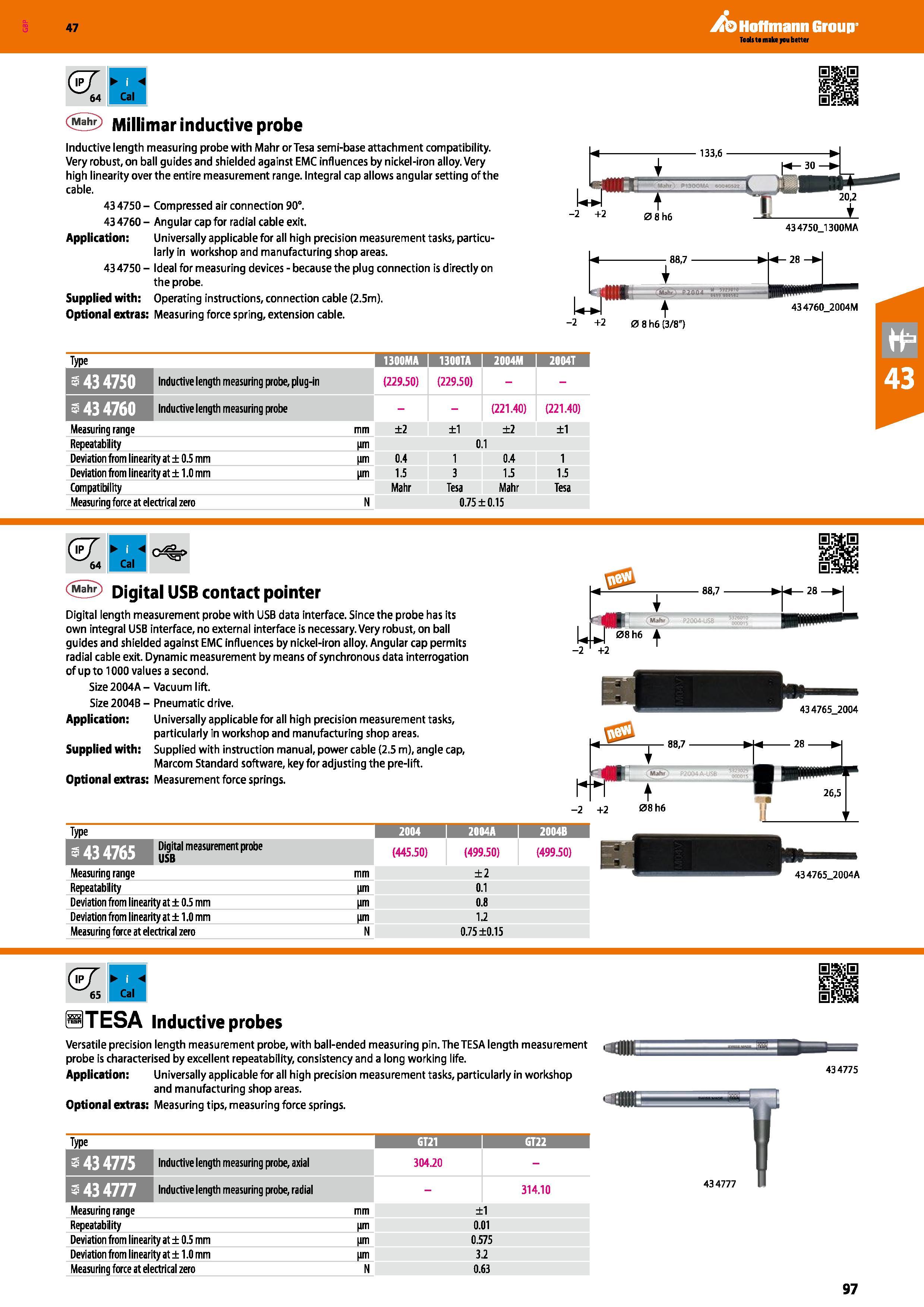 97 64 <5 Millimar inductive probe Inductive length measuring probe with Mahr orTesa semi-base attachment compatibility Very robust, on ball guides a Каталог HOFFMANN GROUP 2016 Ручной слесарно-монтажный и измерительный инструмент и оборудование от комплексного поставщика промышленных предприятий Вер. 47 Англ. Стр. 97