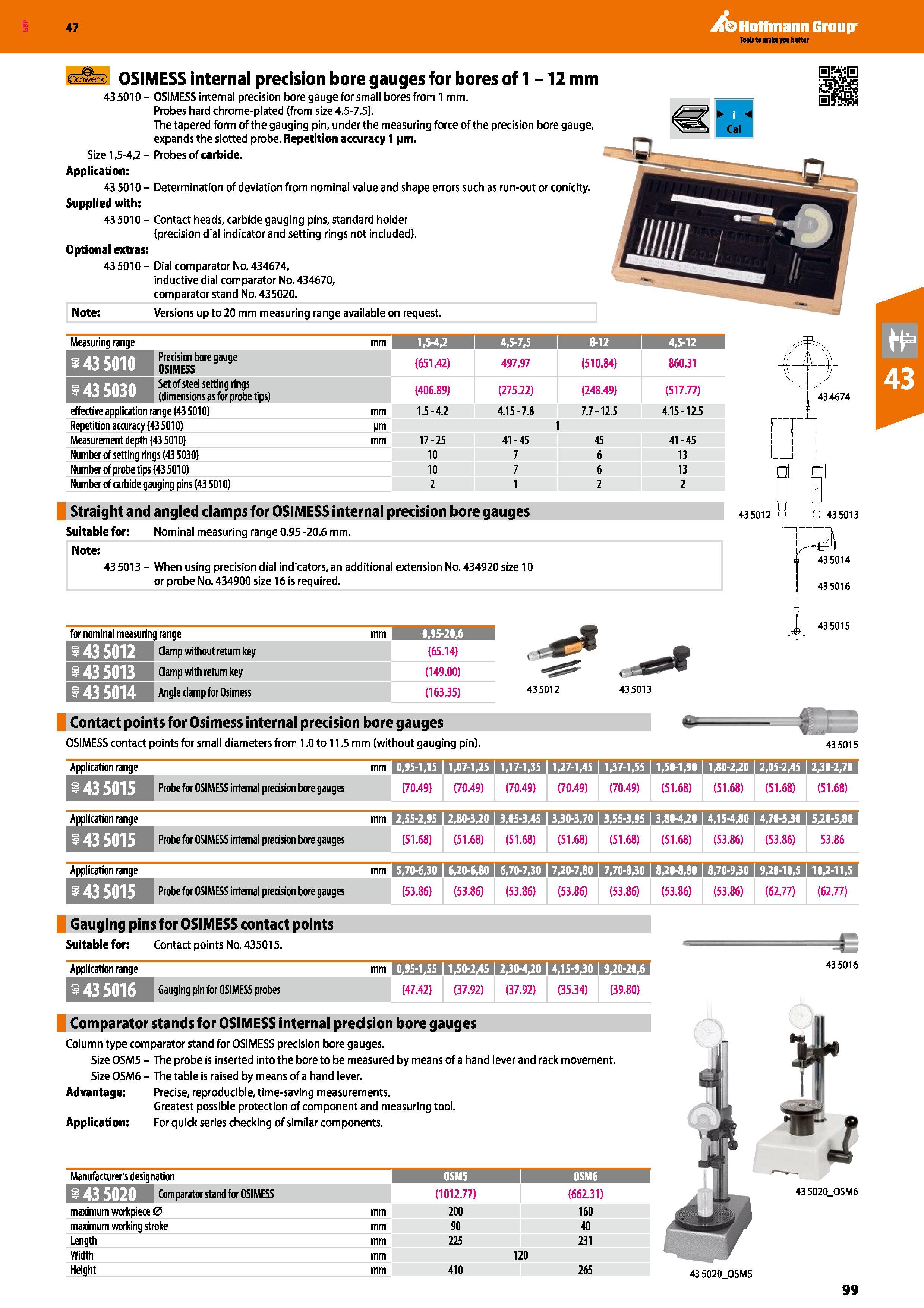99 Hoffmann Group 47 OSIMESS internal precision bore gauges for bores of 1 -12 mm 435010- OSIMESS internal precision bore gauge for small bores from Каталог HOFFMANN GROUP 2016 Ручной слесарно-монтажный и измерительный инструмент и оборудование от комплексного поставщика промышленных предприятий Вер. 47 Англ. Стр. 99