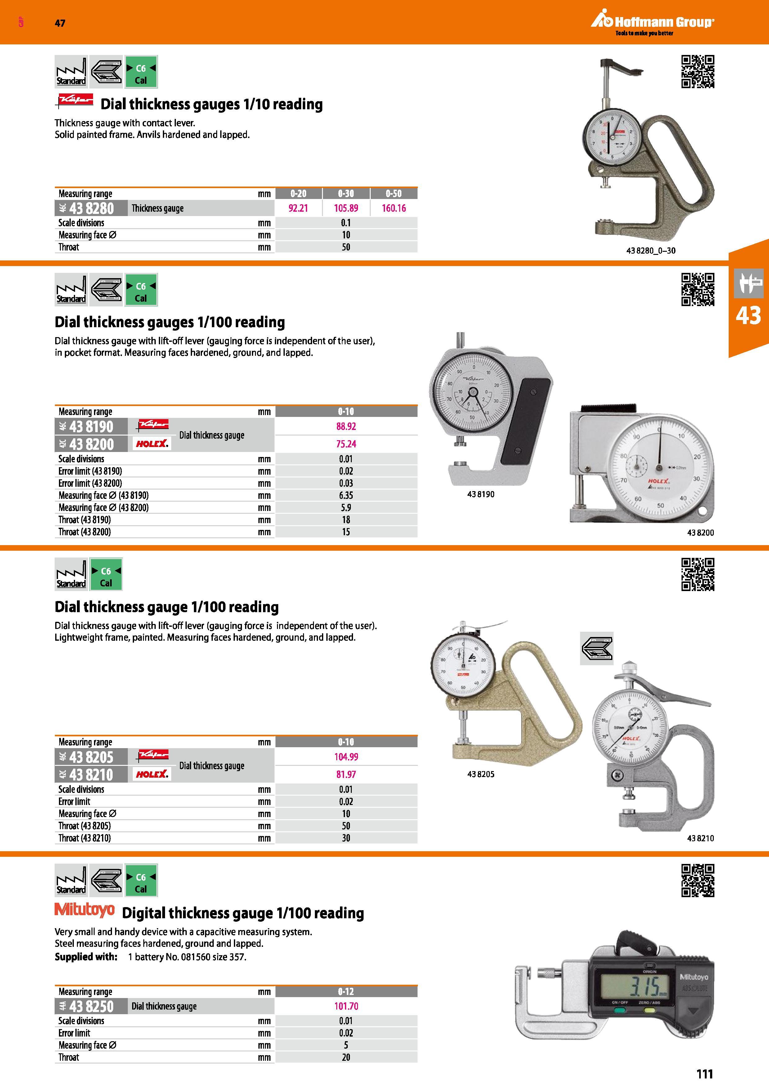 111 Hoffmann Group 47 Dial thickness gauges 1/10 reading Thickness gauge with contact lever Solid painted frame Anvils hardened and lapped Measuring Каталог HOFFMANN GROUP 2016 Ручной слесарно-монтажный и измерительный инструмент и оборудование от комплексного поставщика промышленных предприятий Вер. 47 Англ. Стр. 111