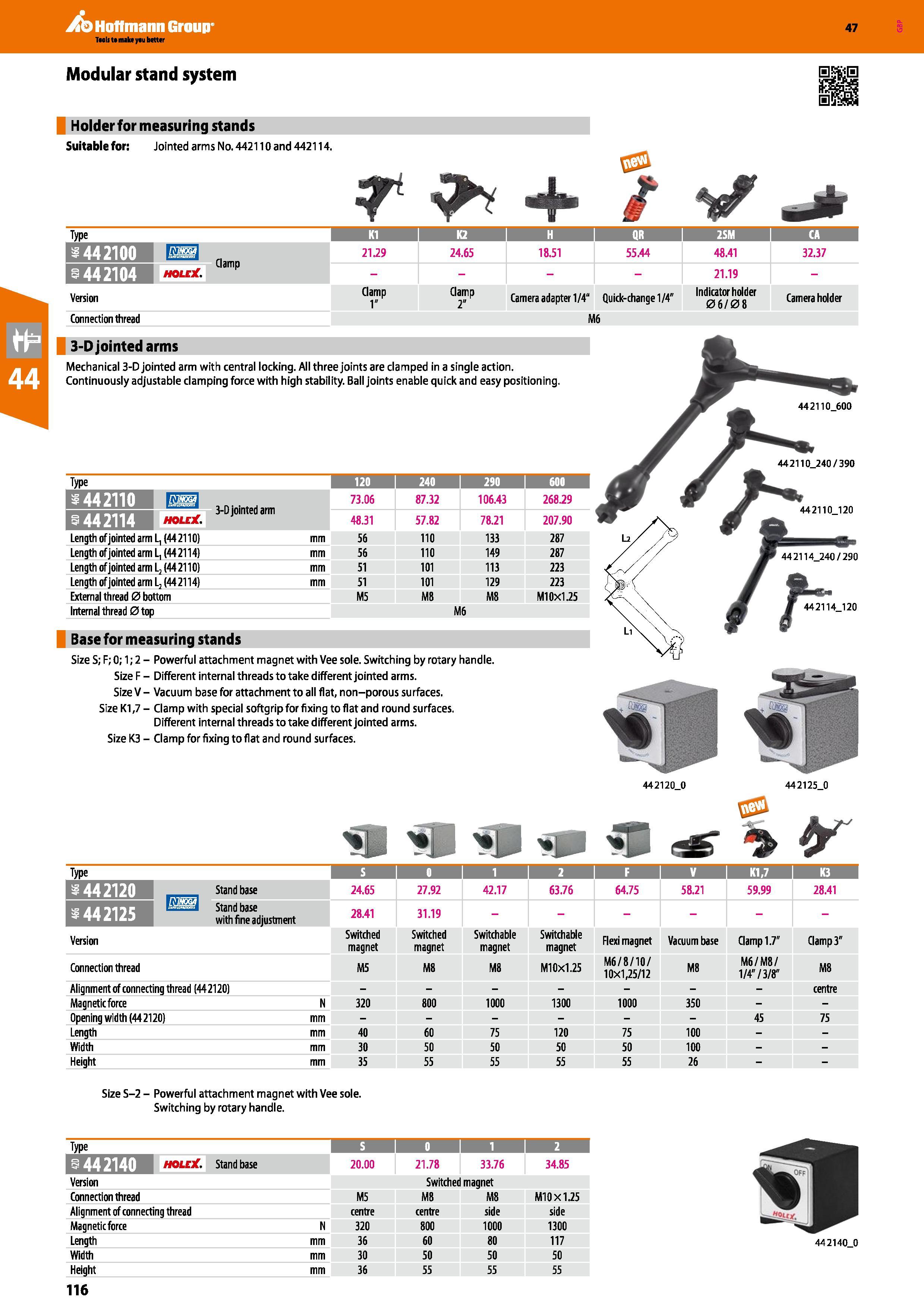 116 Hoffmann Group 47 Modular stand system Holder for measuring stands Suitable for: Jointed arms No 442110 and 442114 Type K1 1 K2 I H QR 2SM I CA 4 Каталог HOFFMANN GROUP 2016 Ручной слесарно-монтажный и измерительный инструмент и оборудование от комплексного поставщика промышленных предприятий Вер. 47 Англ. Стр. 116