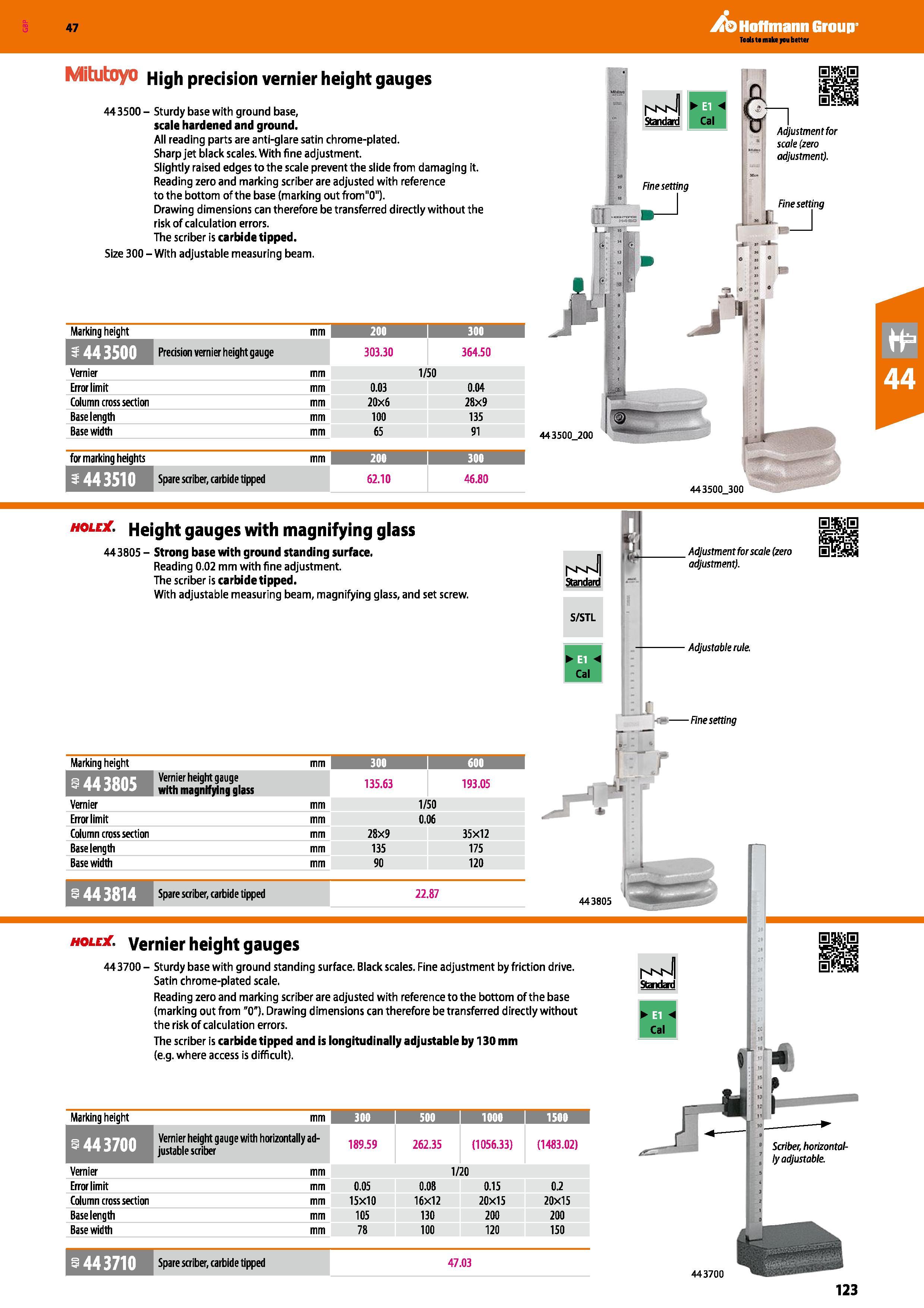 123 47 Mitutoyo High precision vernier height gauges 443500 - Sturdy base with ground base, scale hardened and ground All reading parts are anti-glar Каталог HOFFMANN GROUP 2016 Ручной слесарно-монтажный и измерительный инструмент и оборудование от комплексного поставщика промышленных предприятий Вер. 47 Англ. Стр. 123