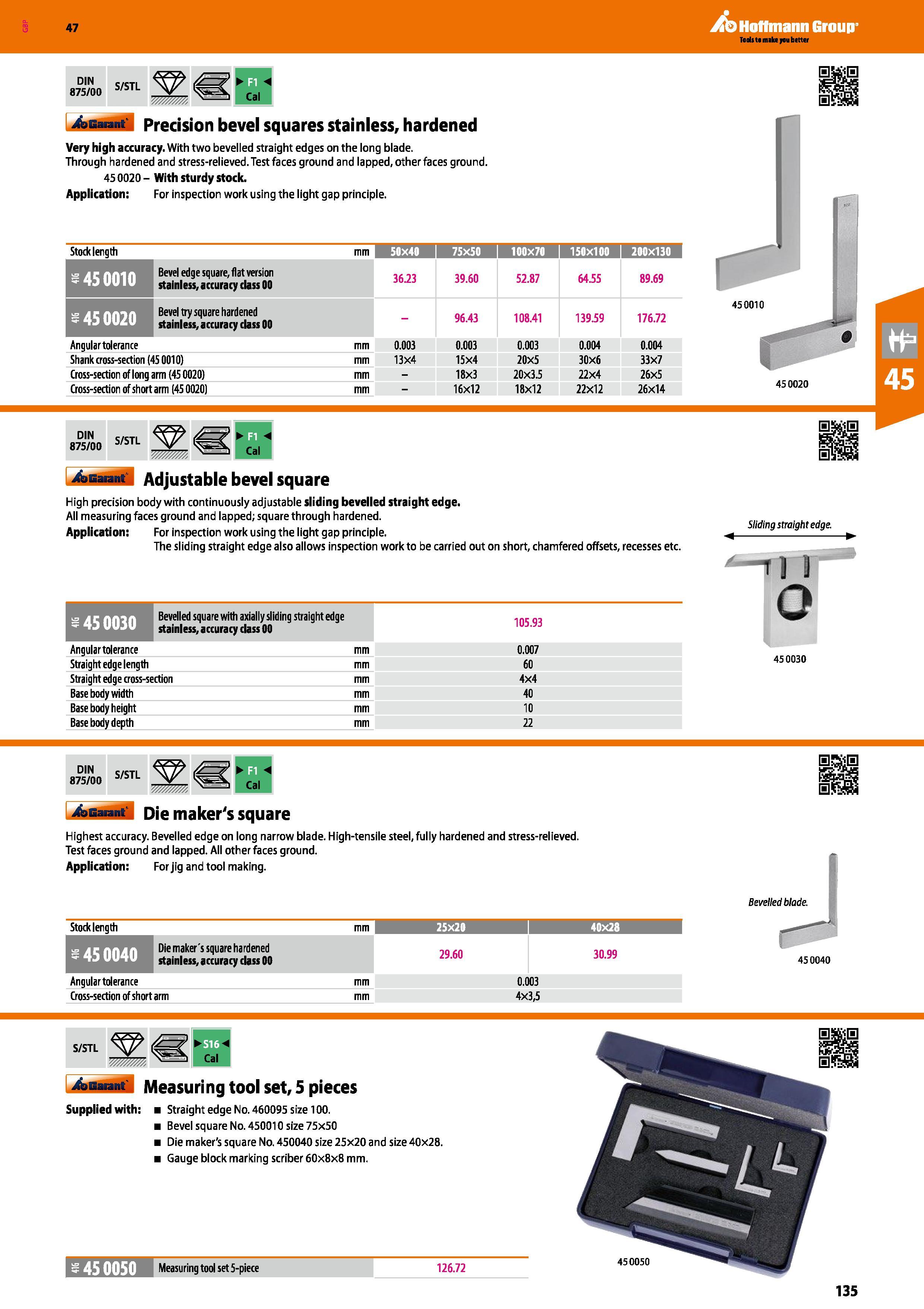 135 47 DIN 875/00 Hoffmann Group S/STL Cal Precision bevel squares stainless, hardened Very high accuracy With two bevelled straight edges on the lon Каталог HOFFMANN GROUP 2016 Ручной слесарно-монтажный и измерительный инструмент и оборудование от комплексного поставщика промышленных предприятий Вер. 47 Англ. Стр. 135