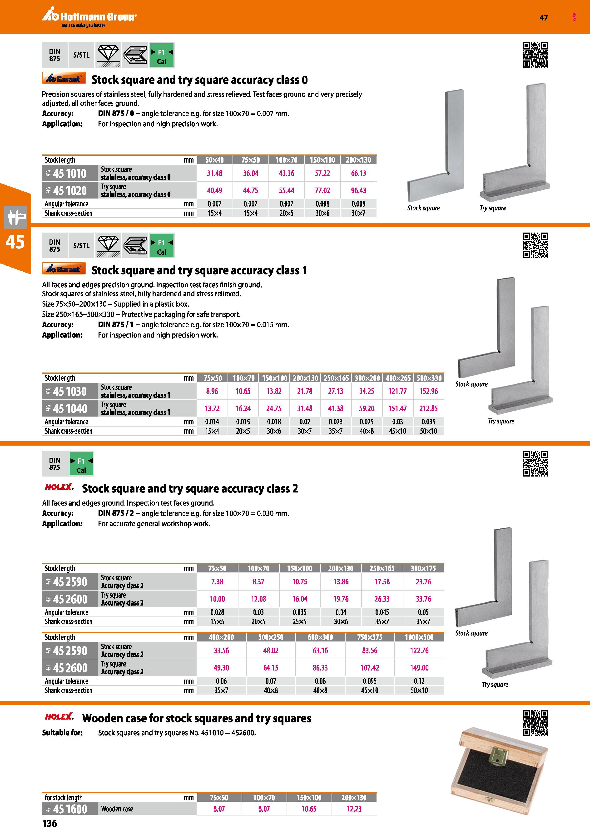 136 Hoffmann Group 47 DIN 875 S/STL ra Cal 4sBa Hi Stock square and try square accuracy class 0 Precision squares of stainless steel, fully hardened Каталог HOFFMANN GROUP 2016 Ручной слесарно-монтажный и измерительный инструмент и оборудование от комплексного поставщика промышленных предприятий Вер. 47 Англ. Стр. 136