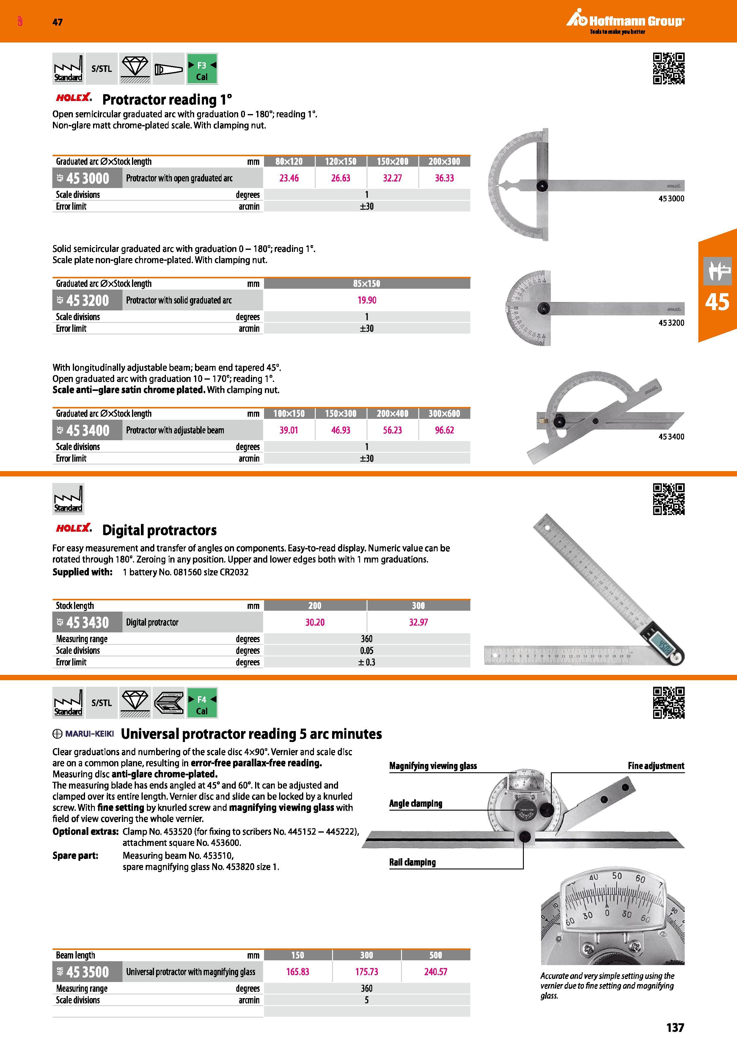 137 Hoffmann Group 47 Standad S/STL 'mum B Cal hole Protractor read i ng 1 ° Open semicircular graduated arc with graduation 0 -180°; reading 1° Non- Каталог HOFFMANN GROUP 2016 Ручной слесарно-монтажный и измерительный инструмент и оборудование от комплексного поставщика промышленных предприятий Вер. 47 Англ. Стр. 137