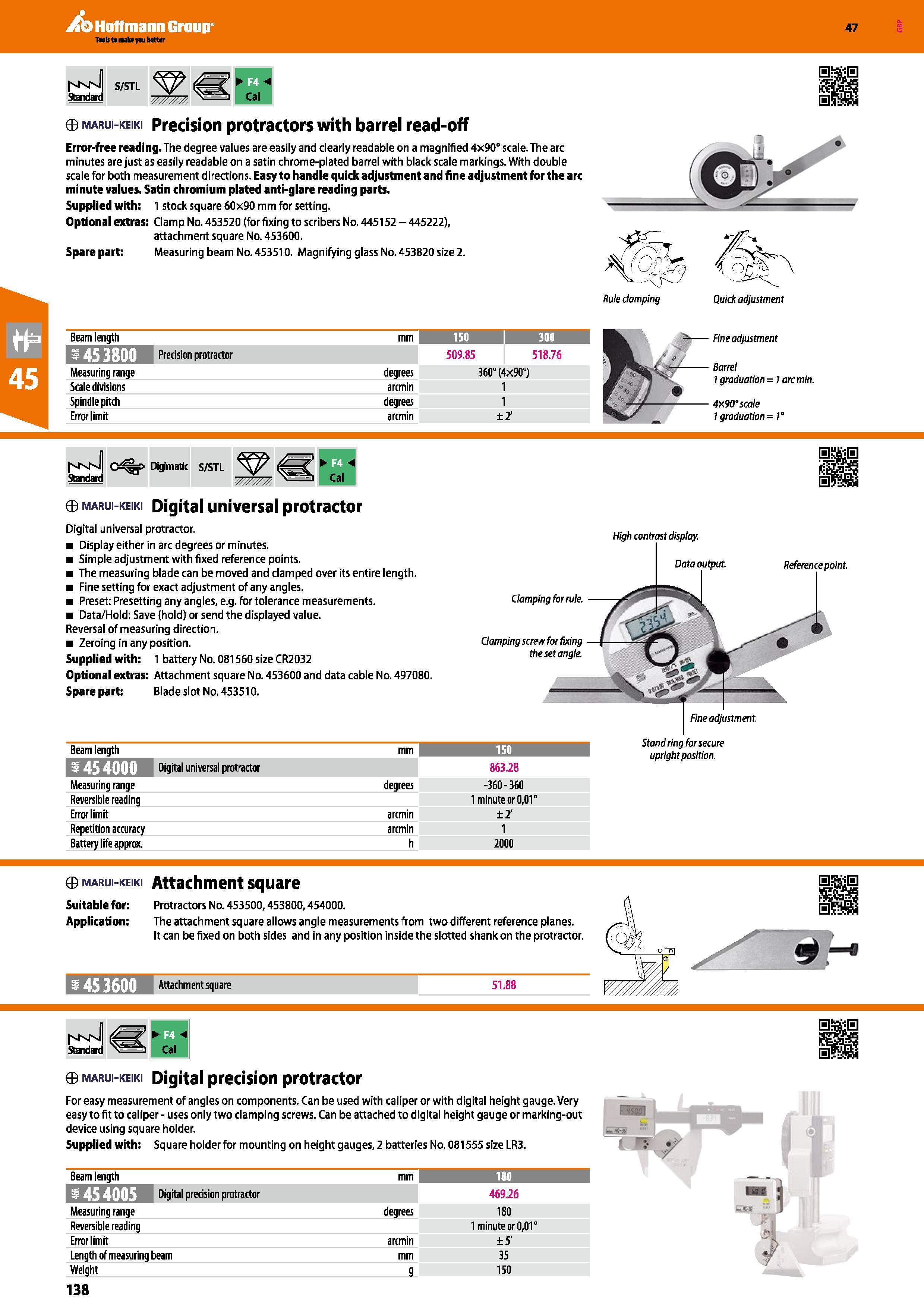 138 Hoffmann Group 47 I'vNlJI A A / I S/STL \J/ (£=< H Standad V/MM Cal marui-keiki Precision protractors with barrel read-off Error-free reading The Каталог HOFFMANN GROUP 2016 Ручной слесарно-монтажный и измерительный инструмент и оборудование от комплексного поставщика промышленных предприятий Вер. 47 Англ. Стр. 138