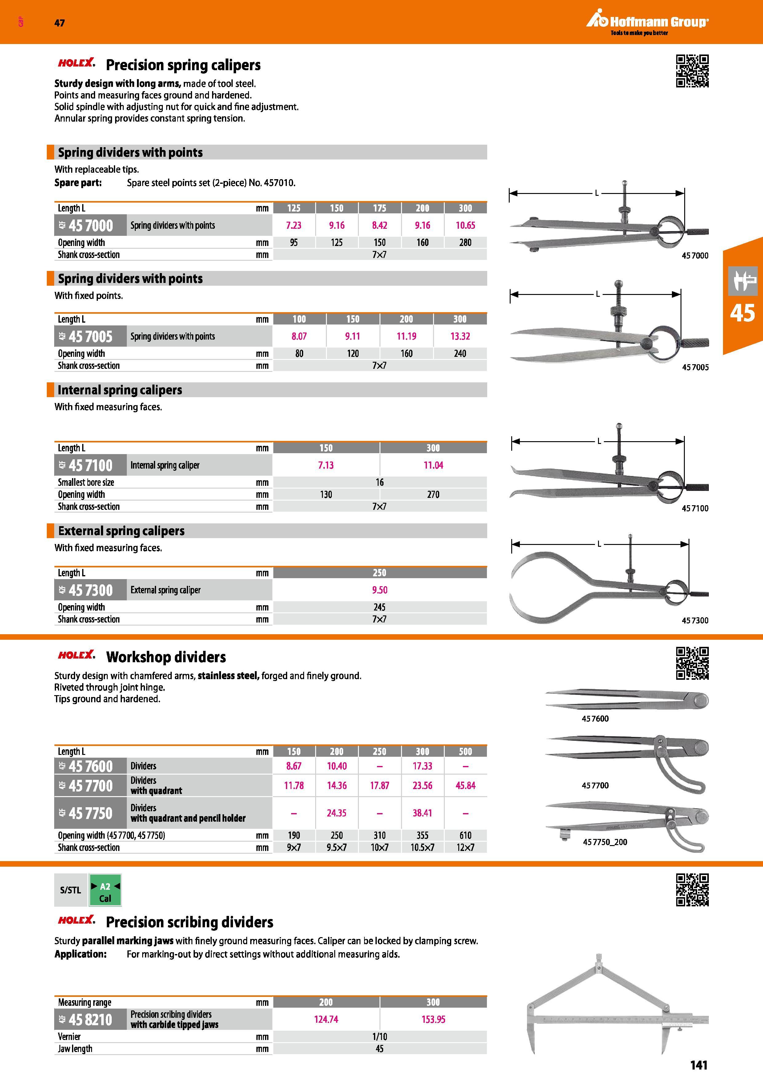 141 Hoffmann Group 47 hole Precision spring calipers Sturdy design with long arms, made of tool steel Points and measuring faces ground and hardened Каталог HOFFMANN GROUP 2016 Ручной слесарно-монтажный и измерительный инструмент и оборудование от комплексного поставщика промышленных предприятий Вер. 47 Англ. Стр. 141