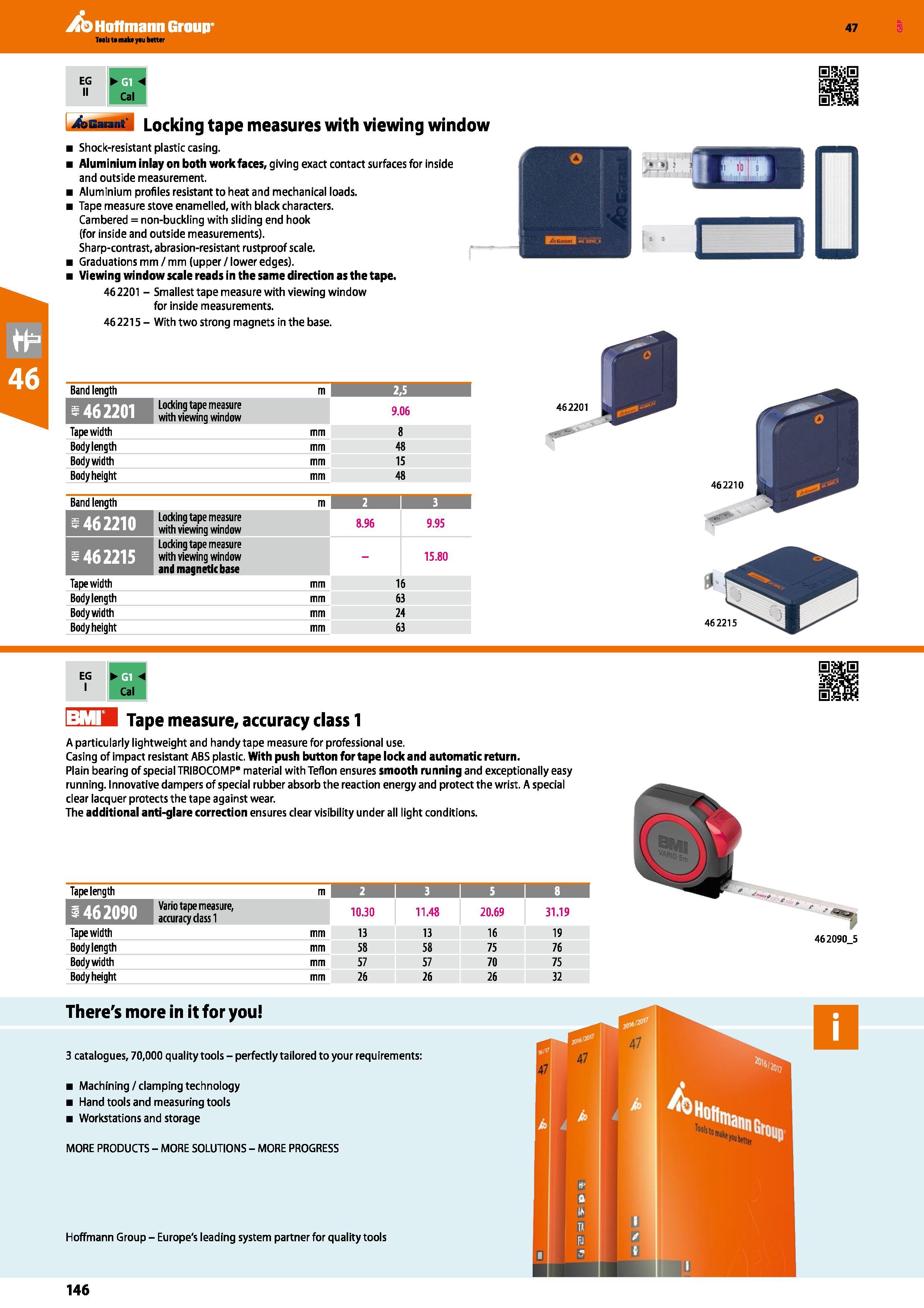 146 Hoffmann Group 47 4asm M Locking tape measures with viewing window Shock-resistant plastic casing Aluminium inlay on both work faces, giving exac Каталог HOFFMANN GROUP 2016 Ручной слесарно-монтажный и измерительный инструмент и оборудование от комплексного поставщика промышленных предприятий Вер. 47 Англ. Стр. 146