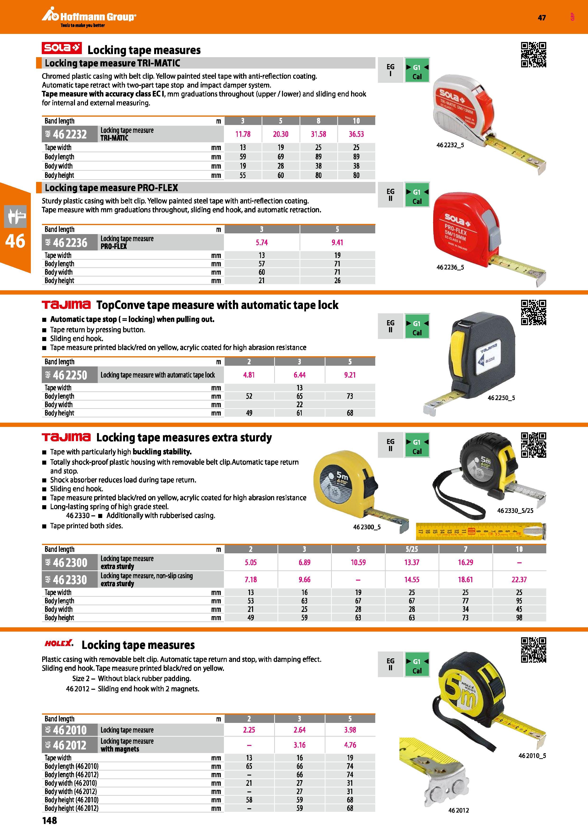 148 Hoffmann Group 47 soia Locking tape measures Locki ng tape measure TRI-MATIC Chromed plastic casing with belt clip Yellow painted steel tape with Каталог HOFFMANN GROUP 2016 Ручной слесарно-монтажный и измерительный инструмент и оборудование от комплексного поставщика промышленных предприятий Вер. 47 Англ. Стр. 148