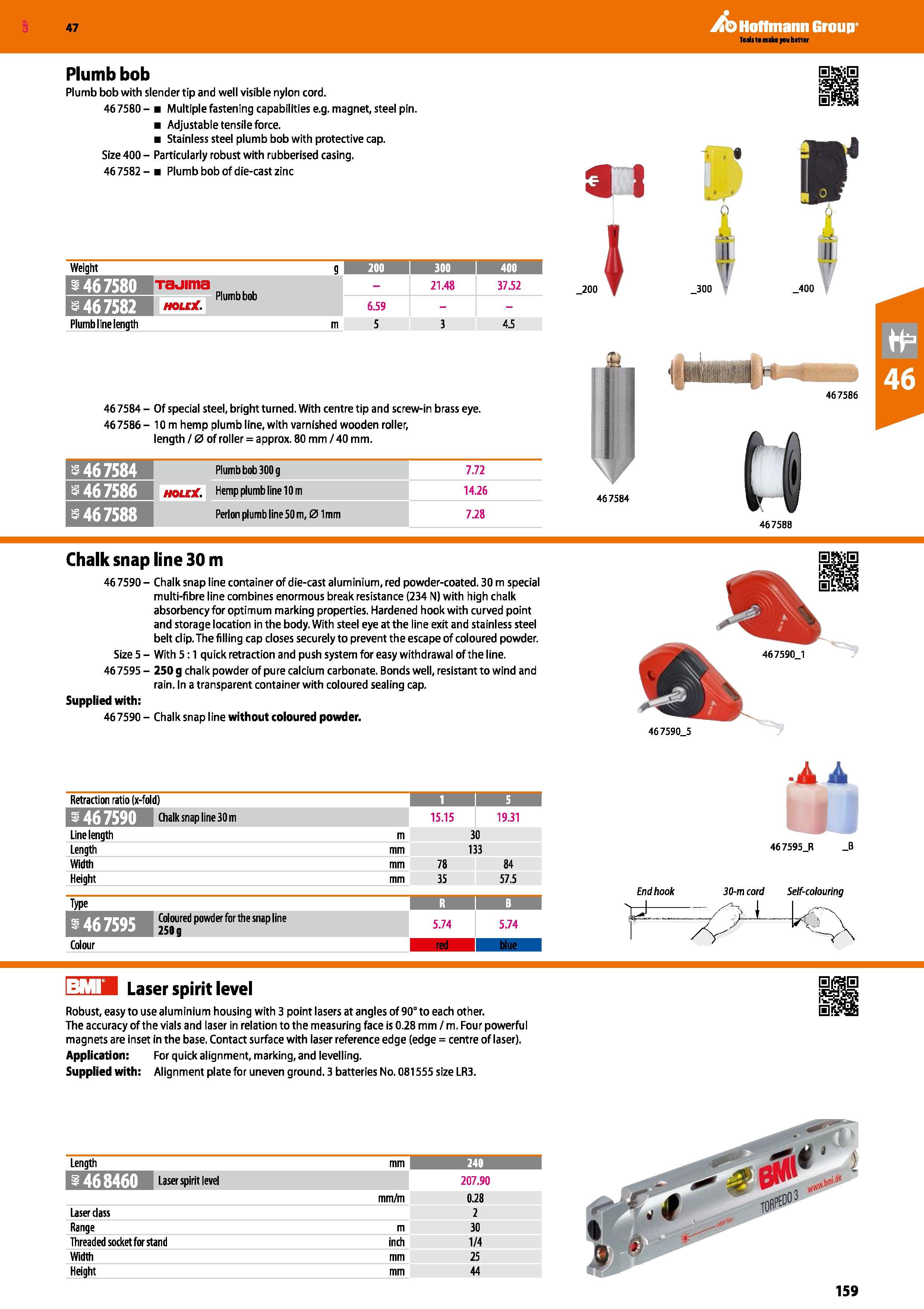 159 Hoffmann Group 47 Plumb bob Plumb bob with slender tip and well visible nylon cord 46 7580 - Multiple fastening capabilities e g magnet, steel pi Каталог HOFFMANN GROUP 2016 Ручной слесарно-монтажный и измерительный инструмент и оборудование от комплексного поставщика промышленных предприятий Вер. 47 Англ. Стр. 159