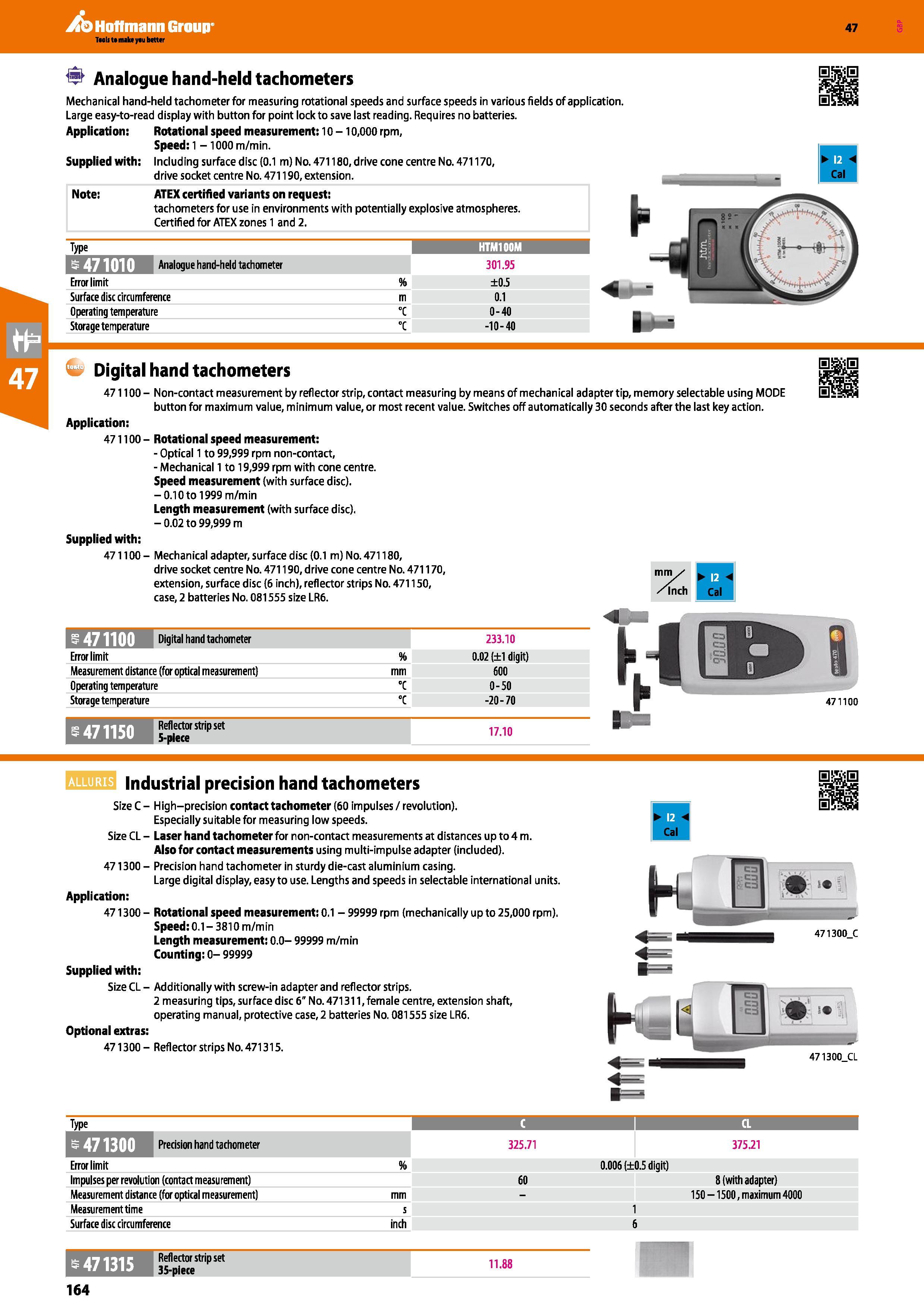 164 Hoffmann Group 47 Analogue hand-held tachometers Mechanical hand-held tachometer for measuring rotational speeds and surface speeds in various fi Каталог HOFFMANN GROUP 2016 Ручной слесарно-монтажный и измерительный инструмент и оборудование от комплексного поставщика промышленных предприятий Вер. 47 Англ. Стр. 164