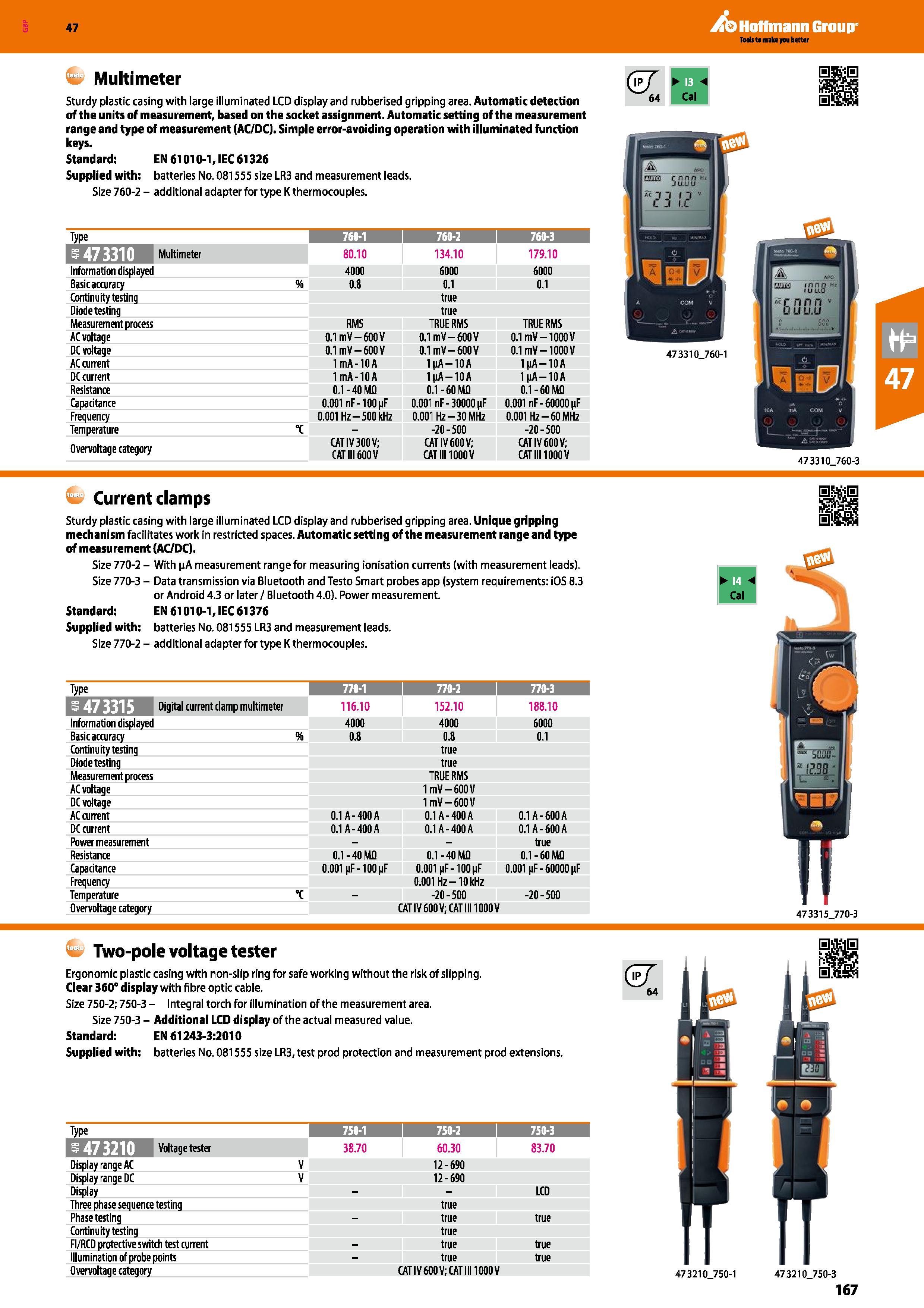 167 Hoffmann Group 47 Multimeter Sturdy plastic casing with large illuminated LCD display and rubberised gripping area Automatic detection of the uni Каталог HOFFMANN GROUP 2016 Ручной слесарно-монтажный и измерительный инструмент и оборудование от комплексного поставщика промышленных предприятий Вер. 47 Англ. Стр. 167