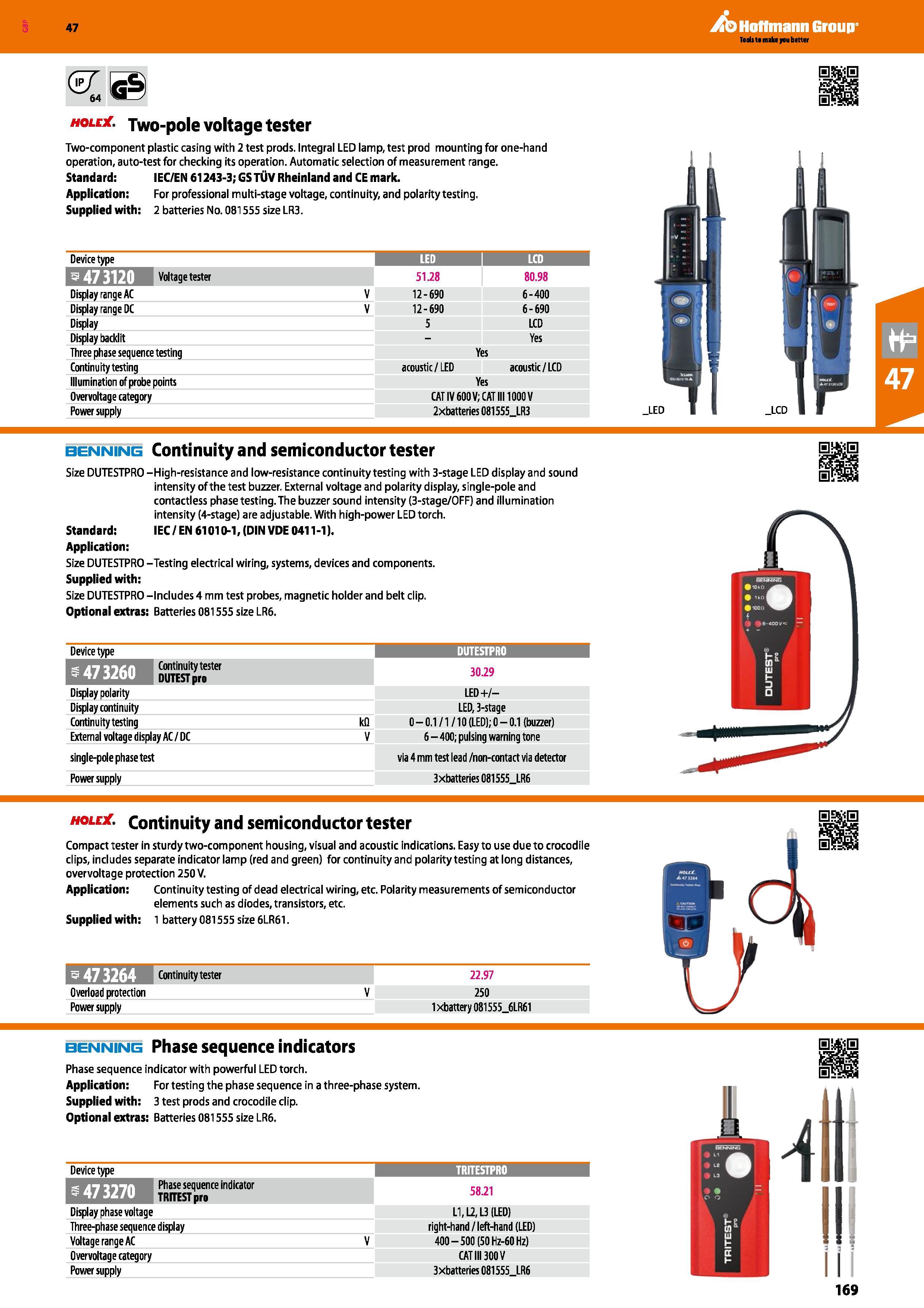 169 Hoffmann Group 47 hole Two-pole voltage tester Two-component plastic casing with 2 test prods Integral LED lamp, test prod mounting for one-hand Каталог HOFFMANN GROUP 2016 Ручной слесарно-монтажный и измерительный инструмент и оборудование от комплексного поставщика промышленных предприятий Вер. 47 Англ. Стр. 169