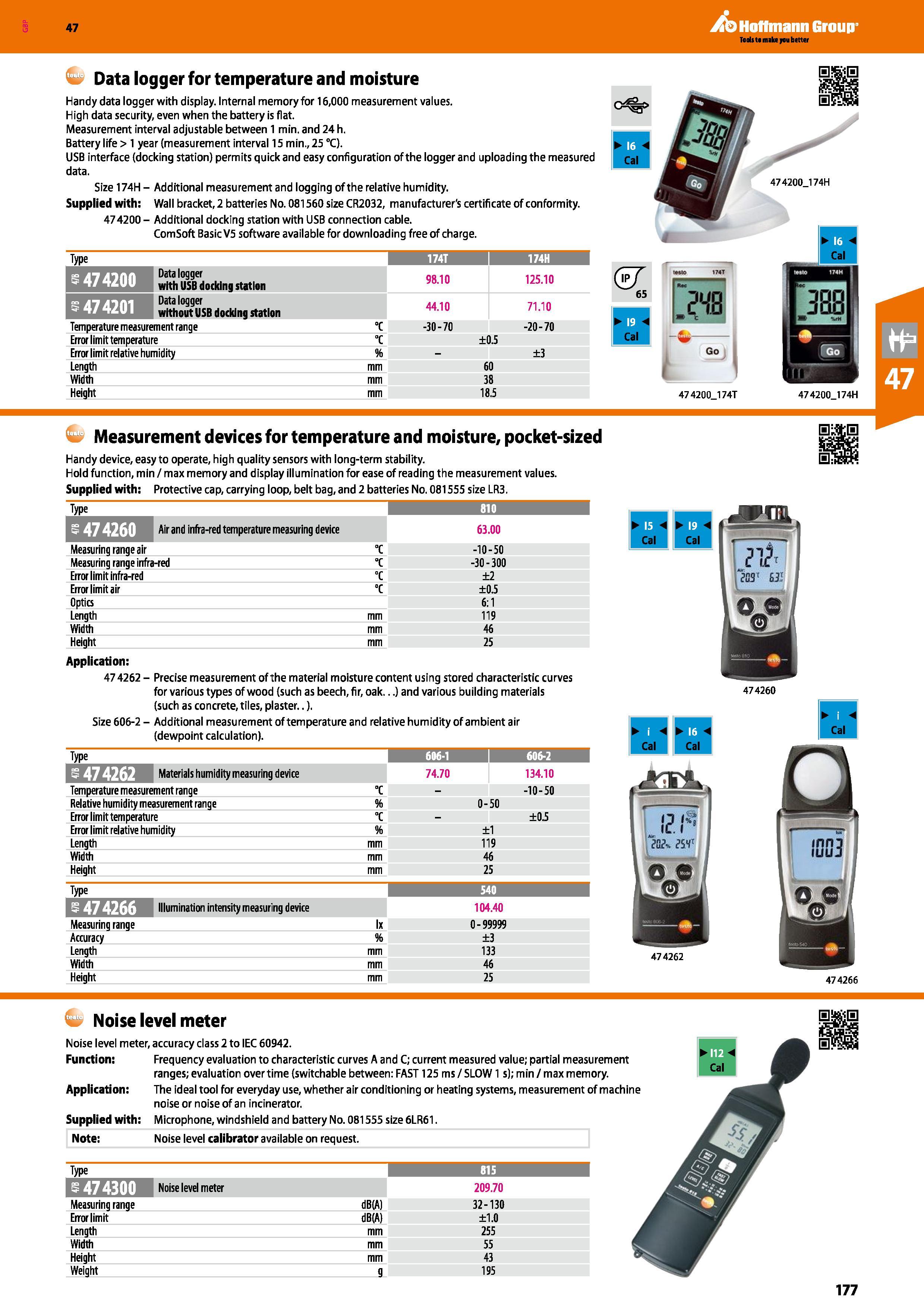 177 Hoffmann Group 47 Data logger for temperature and moisture Handy data logger with display Internal memory for 16,000 measurement values High data Каталог HOFFMANN GROUP 2016 Ручной слесарно-монтажный и измерительный инструмент и оборудование от комплексного поставщика промышленных предприятий Вер. 47 Англ. Стр. 177