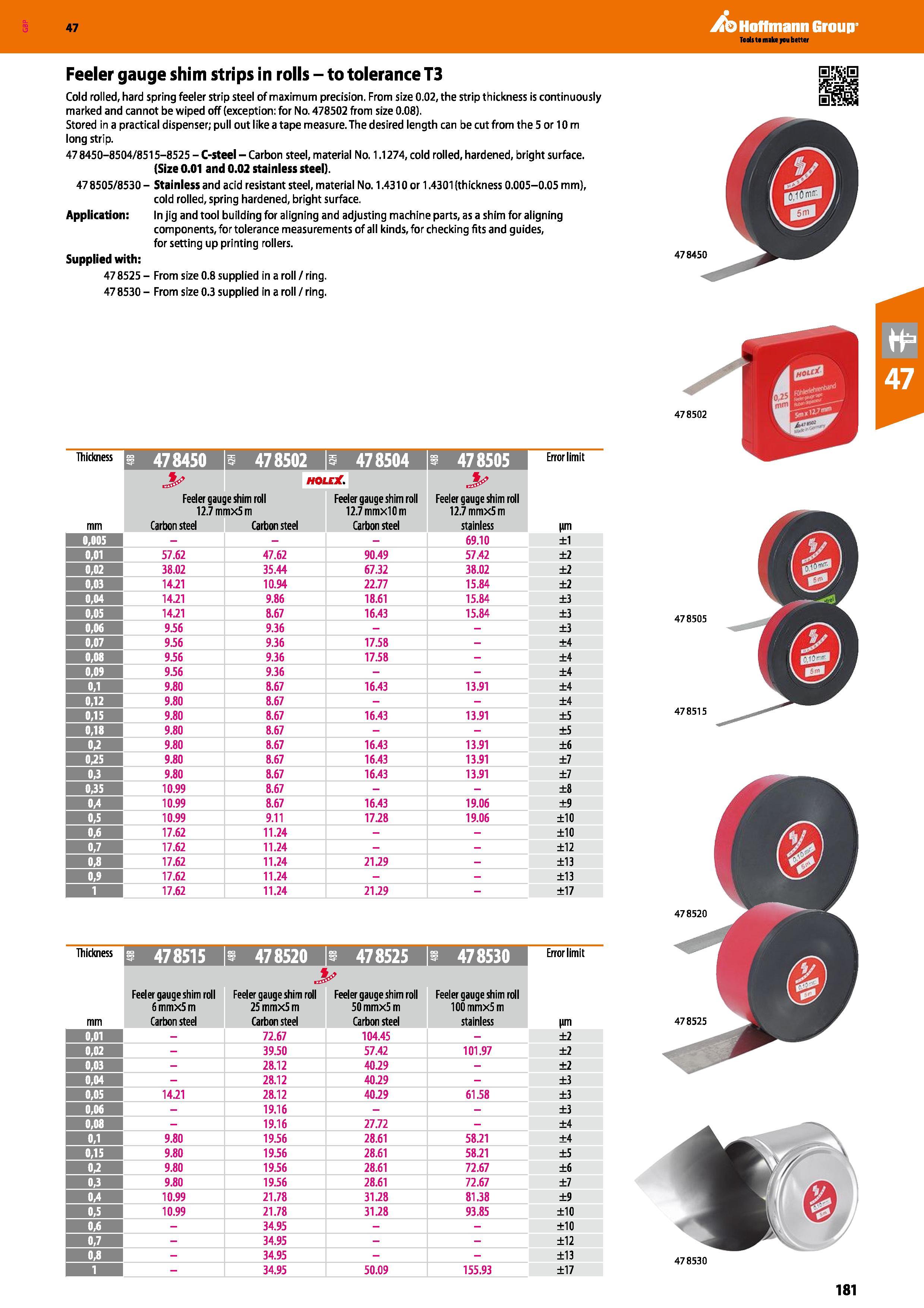 181 Hoffmann Group 47 Feeler gauge shim strips in rolls - to tolerance T3 Cold rolled, hard spring feeler strip steel of maximum precision From size Каталог HOFFMANN GROUP 2016 Ручной слесарно-монтажный и измерительный инструмент и оборудование от комплексного поставщика промышленных предприятий Вер. 47 Англ. Стр. 181