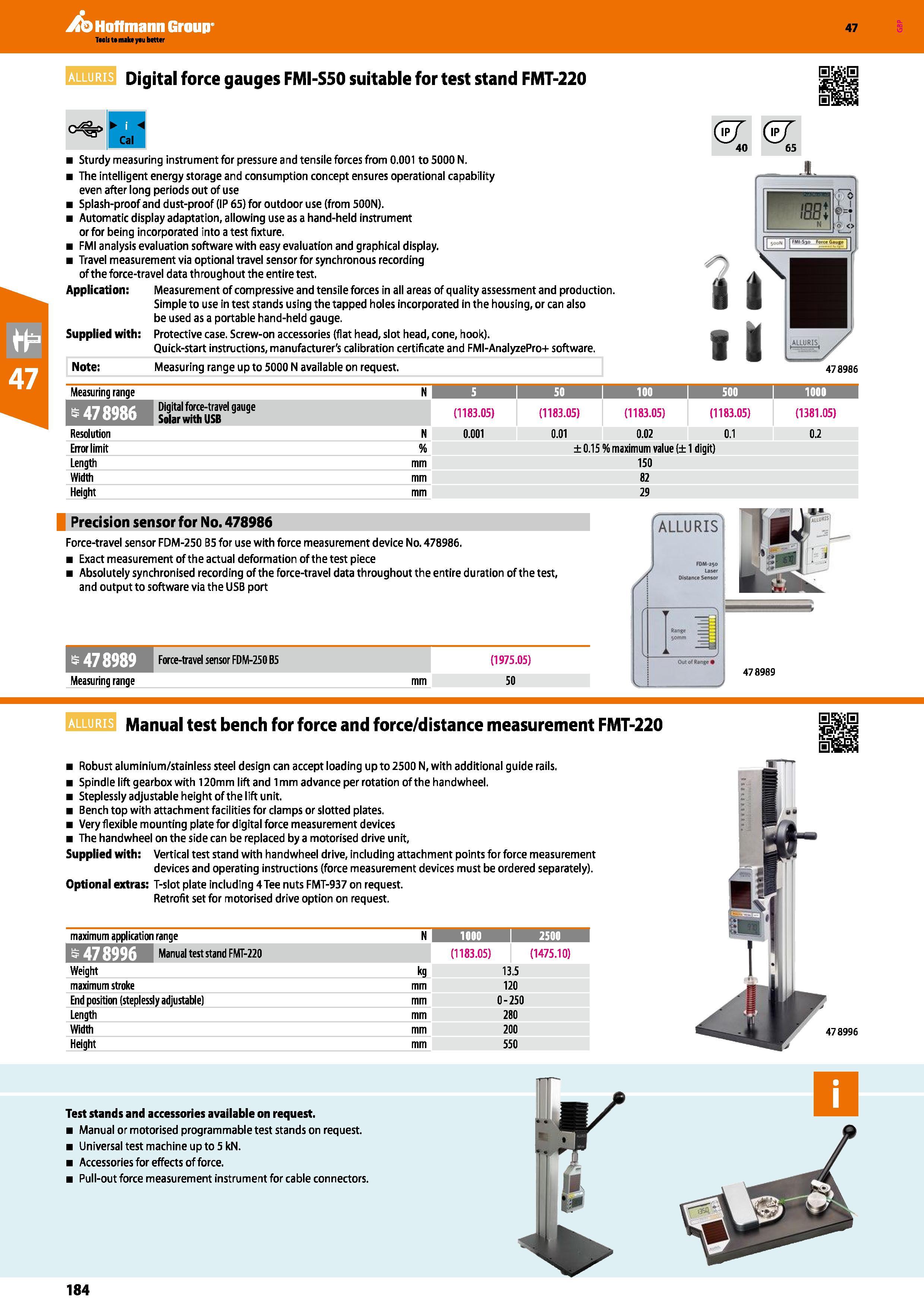 184 Hoffmann Group 47 ALLURIS Digital force gauges FMI-S50 suitable for test stand FMT-220 SSjftS li <y%> < Cal Sturdy measuring instrument for press Каталог HOFFMANN GROUP 2016 Ручной слесарно-монтажный и измерительный инструмент и оборудование от комплексного поставщика промышленных предприятий Вер. 47 Англ. Стр. 184