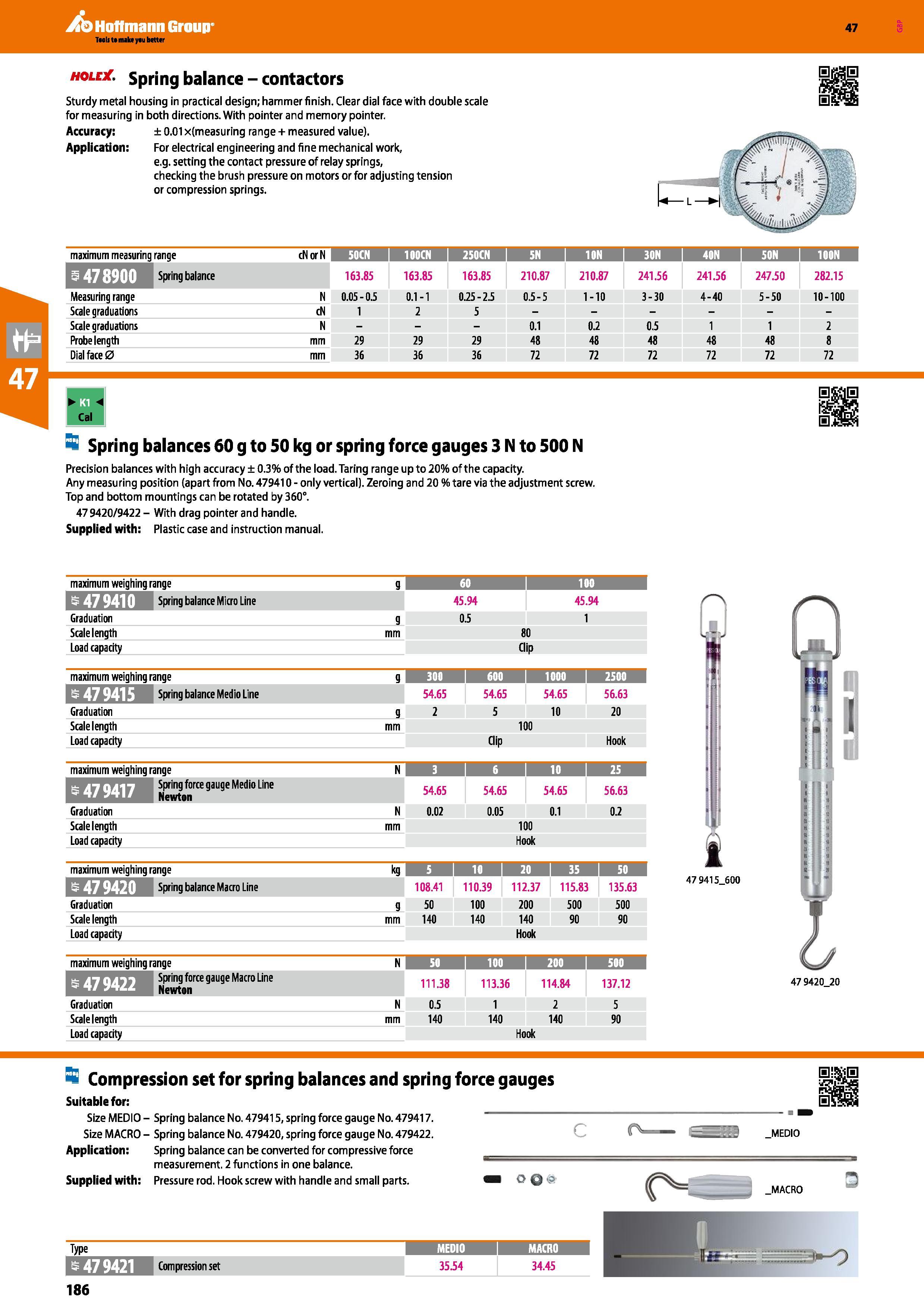 186 Hoffmann Group 47 hole Spring balance - contactors Sturdy metal housing in practical design; hammer finish Clear dial face with double scale for Каталог HOFFMANN GROUP 2016 Ручной слесарно-монтажный и измерительный инструмент и оборудование от комплексного поставщика промышленных предприятий Вер. 47 Англ. Стр. 186