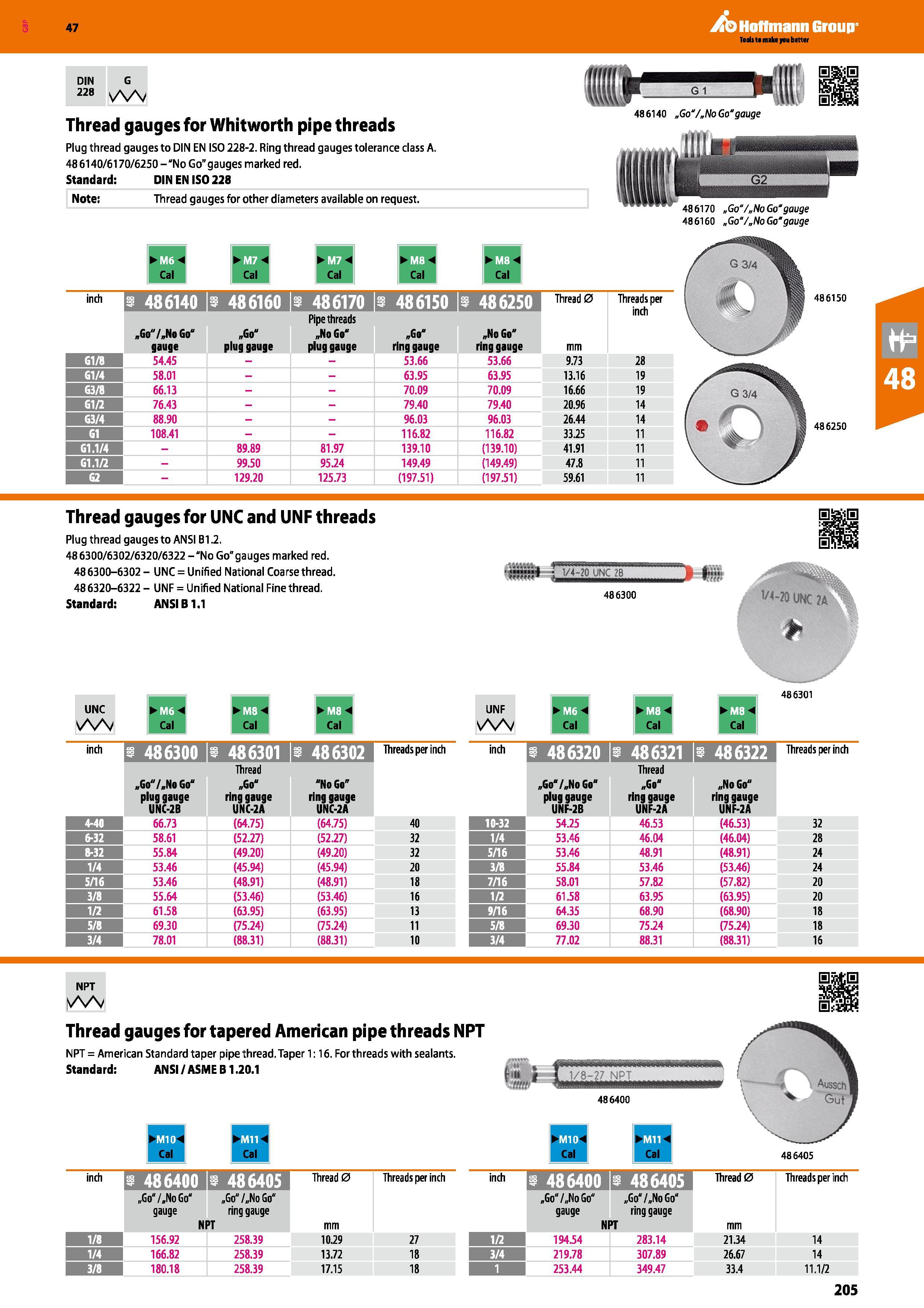 205 47 DIN G 228 vW Thread gauges for Whitworth pipe threads Plug thread gauges to DIN EN ISO 228-2 Ring thread gauges tolerance class A 486140/6170/ Каталог HOFFMANN GROUP 2016 Ручной слесарно-монтажный и измерительный инструмент и оборудование от комплексного поставщика промышленных предприятий Вер. 47 Англ. Стр. 205