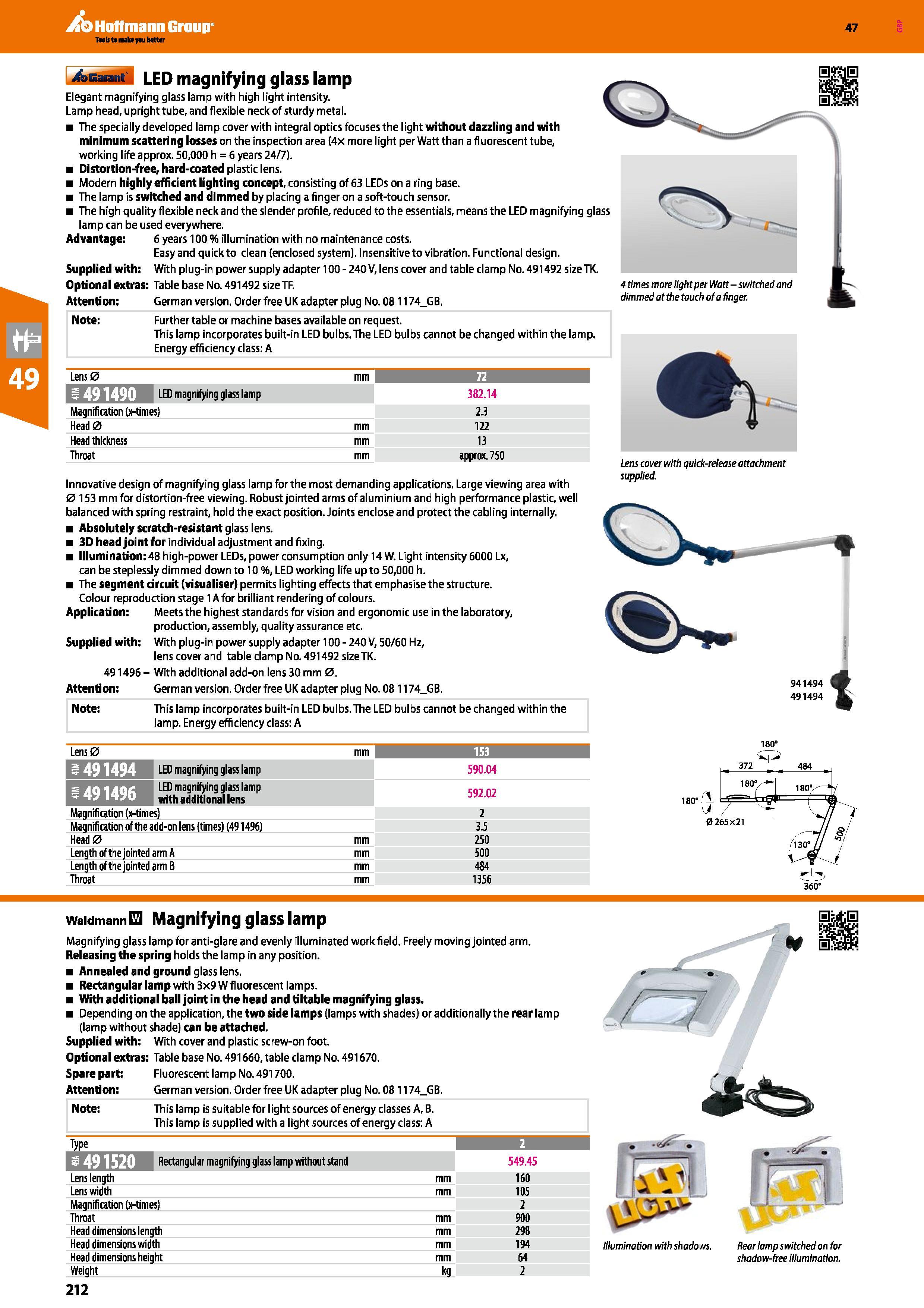 212 Hoffmann Group 47 LED magnifying glass lamp Elegant magnifying glass lamp with high light intensity Lamp head, upright tube, and flexible neck of Каталог HOFFMANN GROUP 2016 Ручной слесарно-монтажный и измерительный инструмент и оборудование от комплексного поставщика промышленных предприятий Вер. 47 Англ. Стр. 212