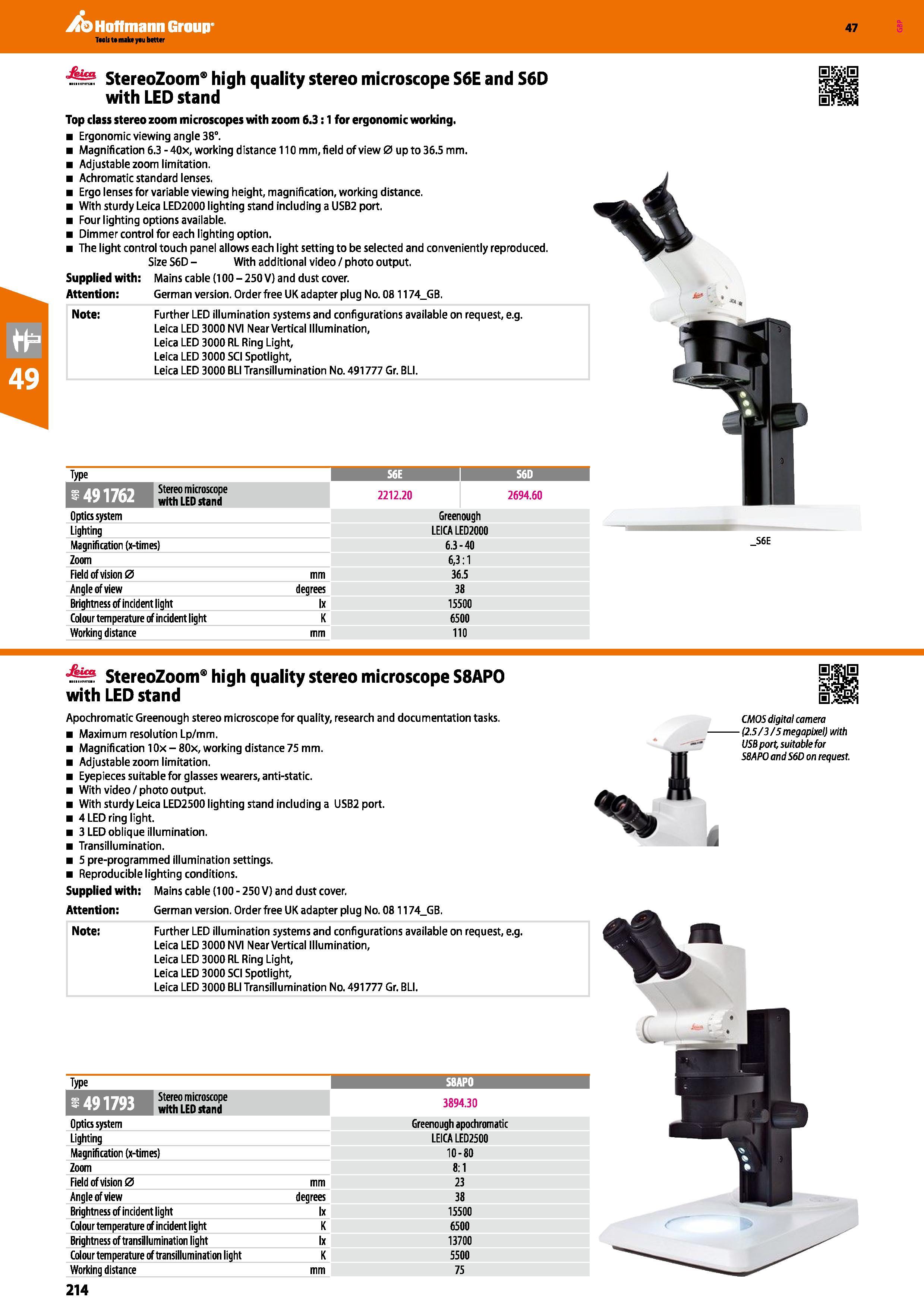 214 Hoffmann Group 47 StereoZoom high quality stereo microscope S6E and S6D with LED stand Top class stereo zoom microscopes with zoom 6 3:1 for ergo Каталог HOFFMANN GROUP 2016 Ручной слесарно-монтажный и измерительный инструмент и оборудование от комплексного поставщика промышленных предприятий Вер. 47 Англ. Стр. 214