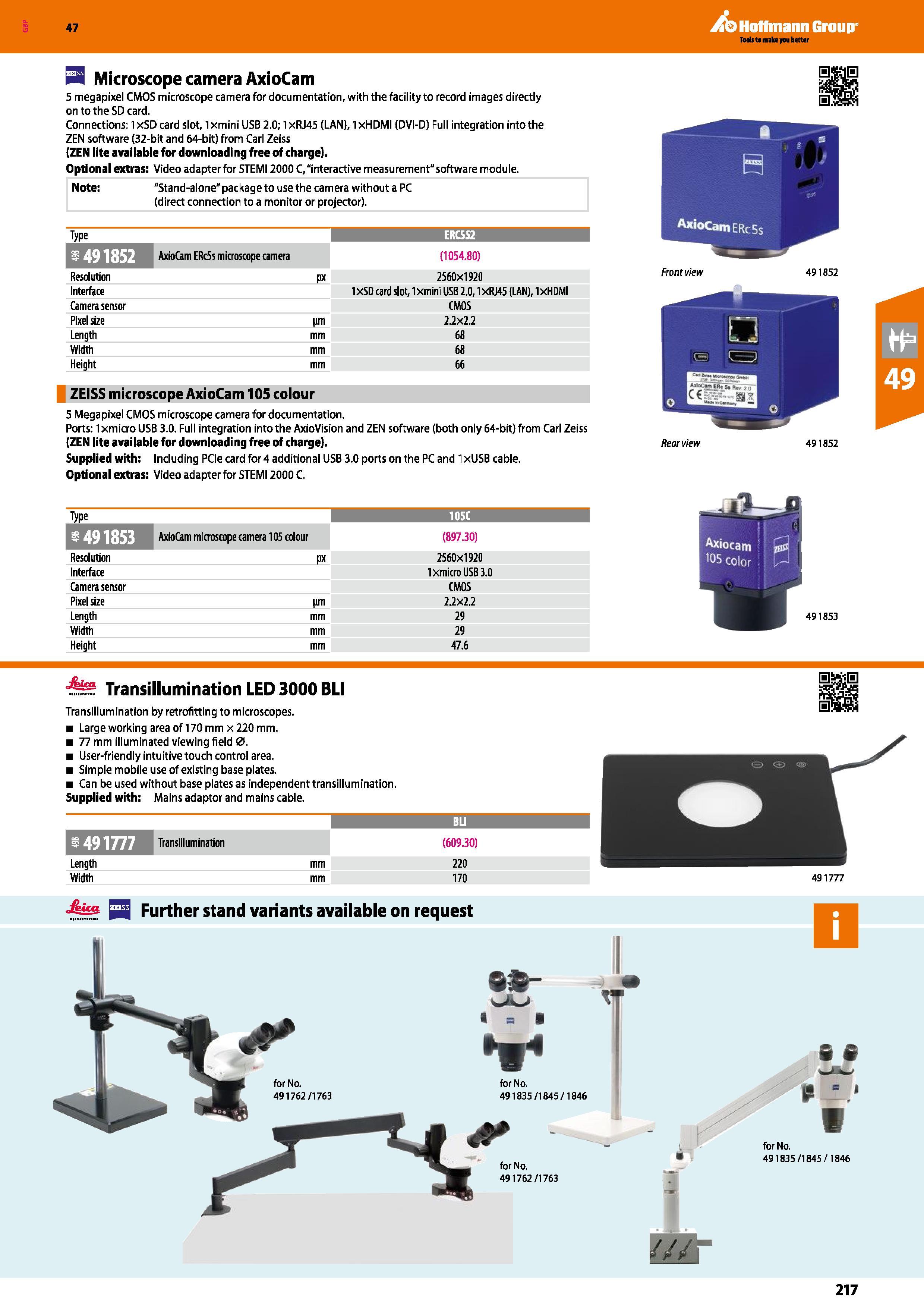 217 Hoffmann Group 47 9 Microscope camera AxioCam 5 megapixel CMOS microscope camera for documentation, with the facility to record images directly o Каталог HOFFMANN GROUP 2016 Ручной слесарно-монтажный и измерительный инструмент и оборудование от комплексного поставщика промышленных предприятий Вер. 47 Англ. Стр. 217
